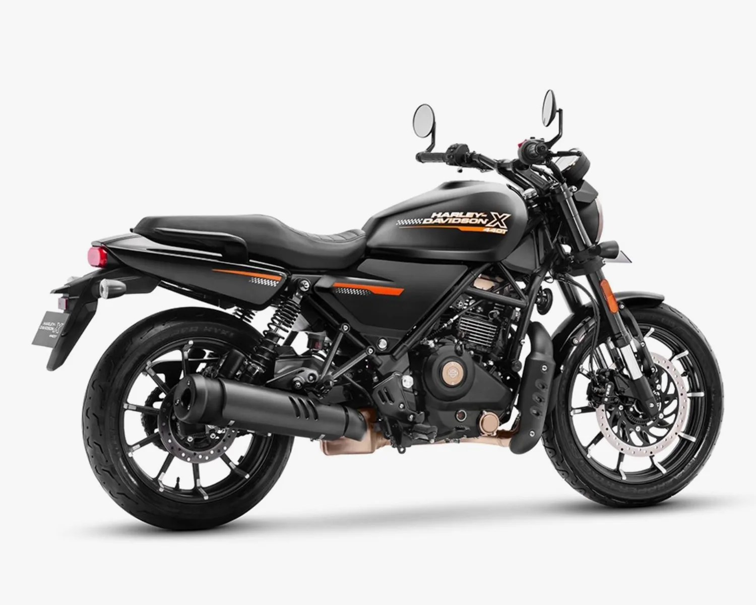Matte black Harley-Davidson X 350T motorcycle with orange accents and dual rear shock absorbers on a white background.