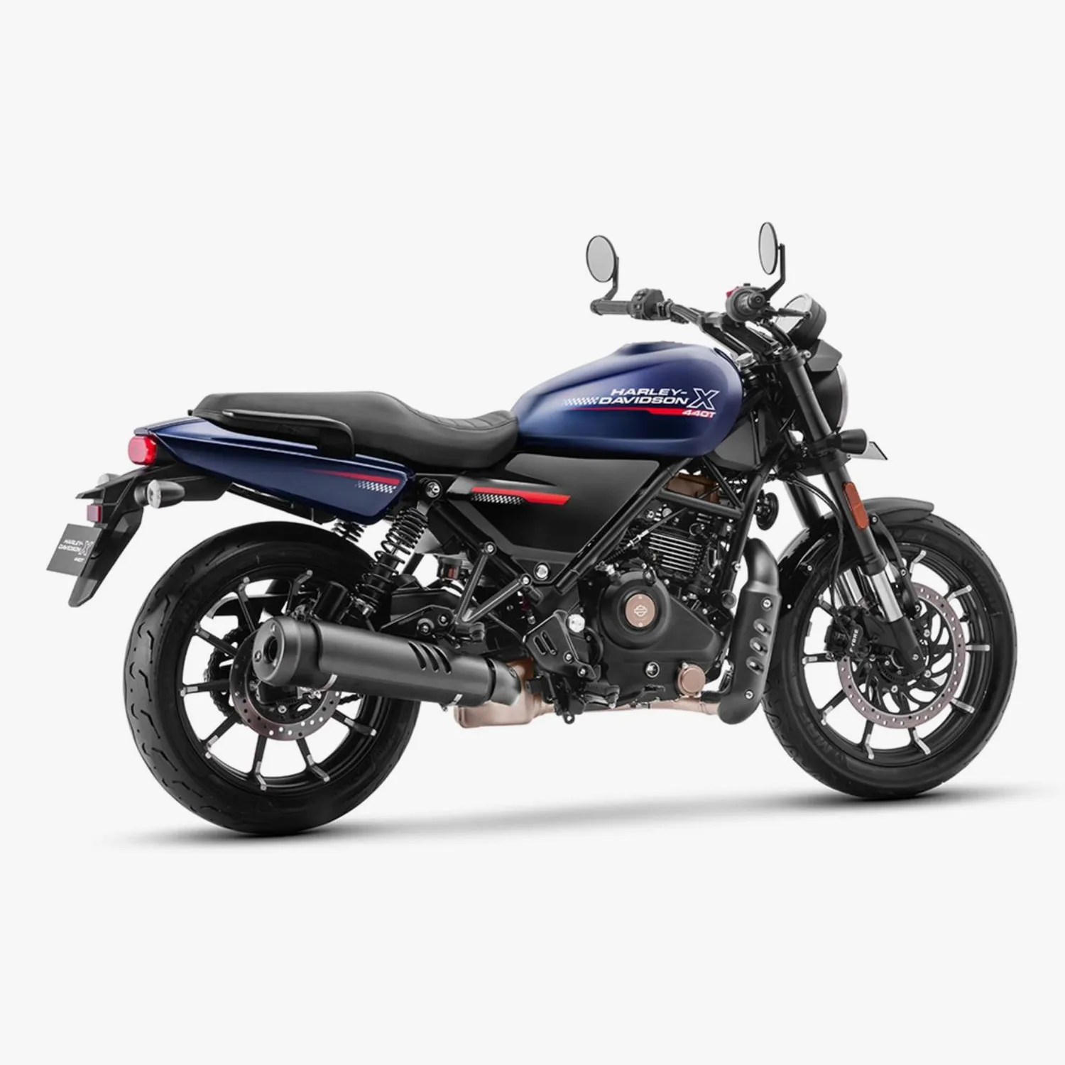 Blue and black Harley-Davidson X 440T motorcycle with black seat and dual rear shock absorbers on white background.