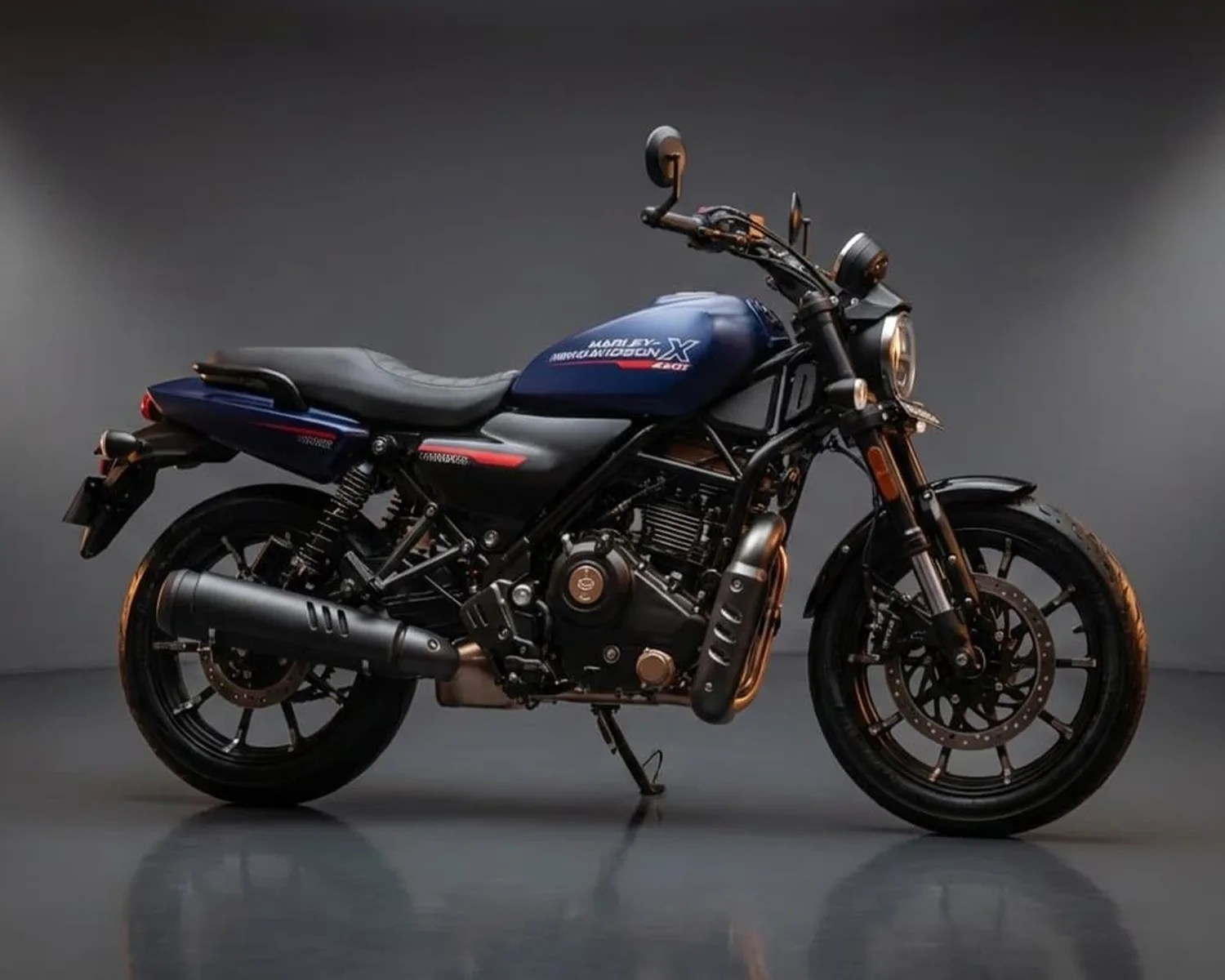 Blue and black Harley-Davidson X motorcycle with black exhaust and dual rear shocks on a gray reflective floor.