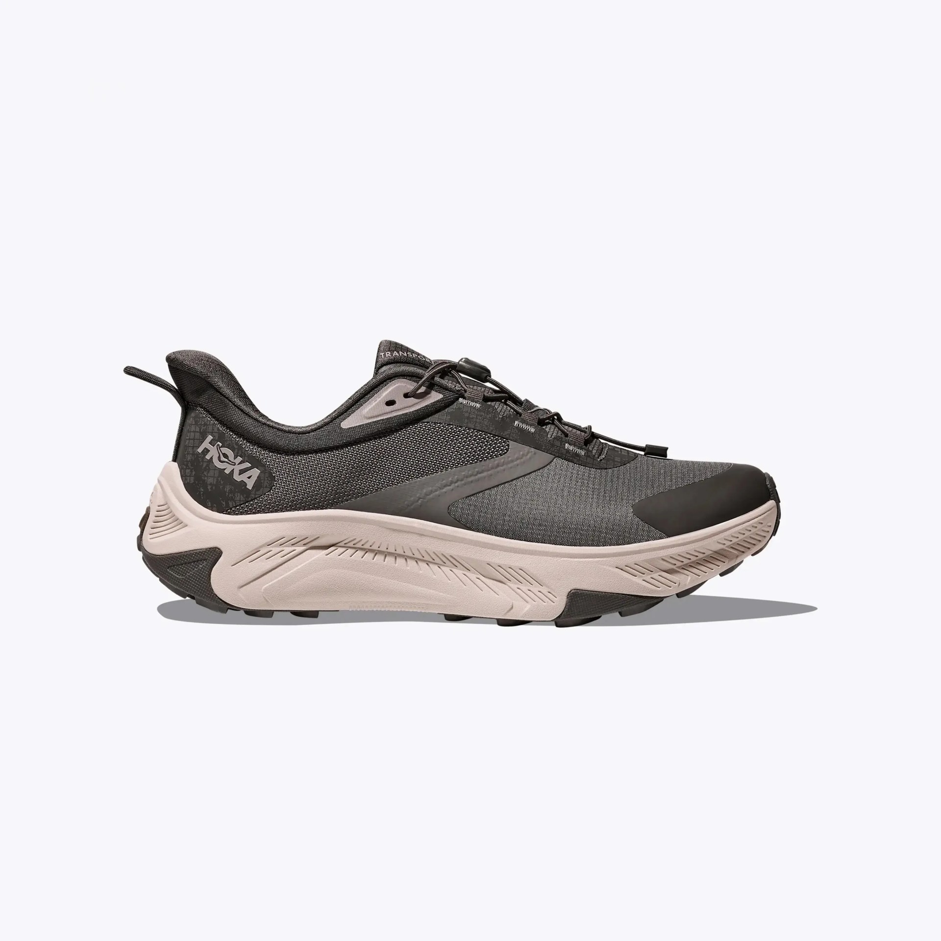 Gray and black Hoka running shoe with beige cushioned sole and quick-lace system.