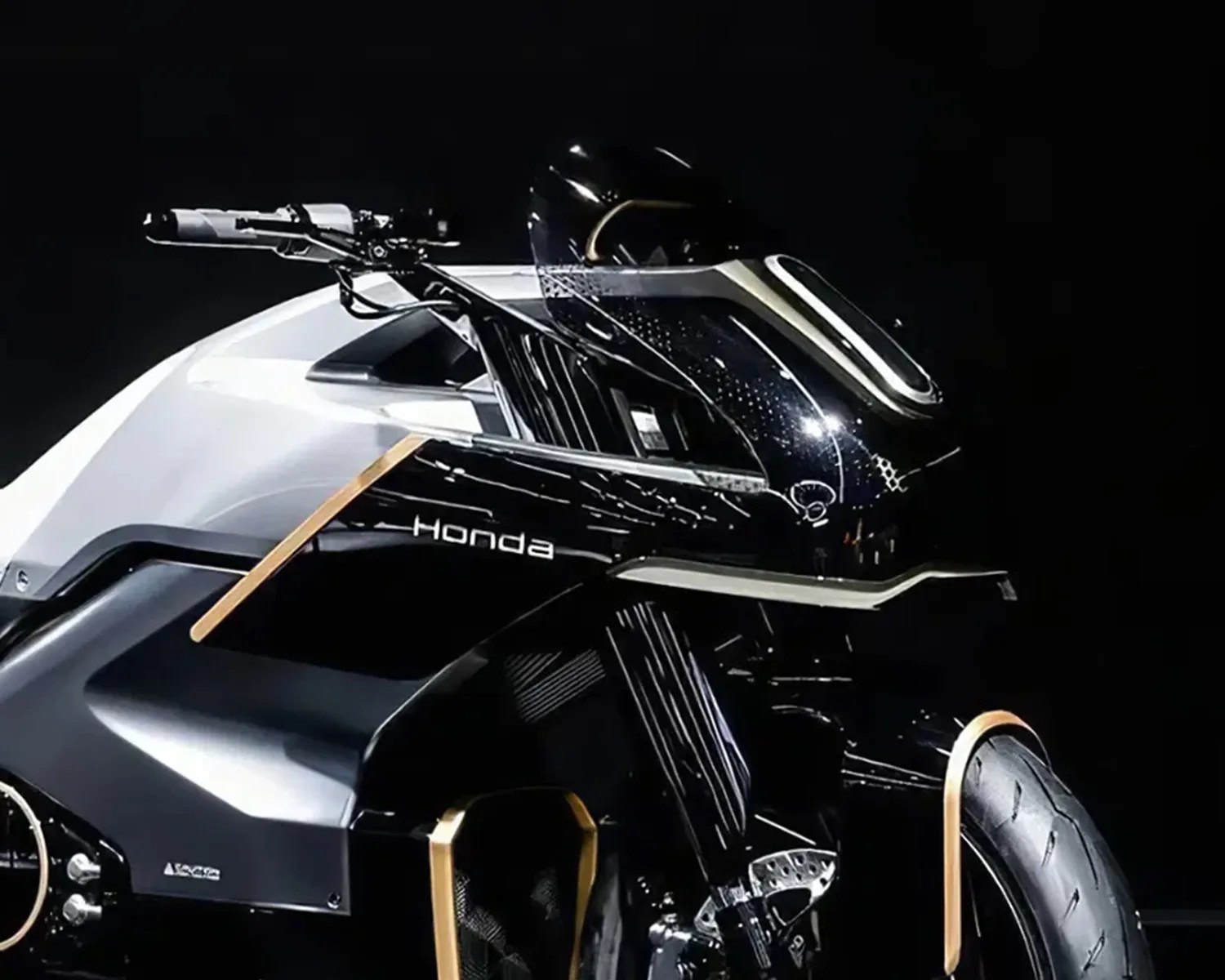 Black and white Honda motorcycle with gold accents and a futuristic design against a black background.