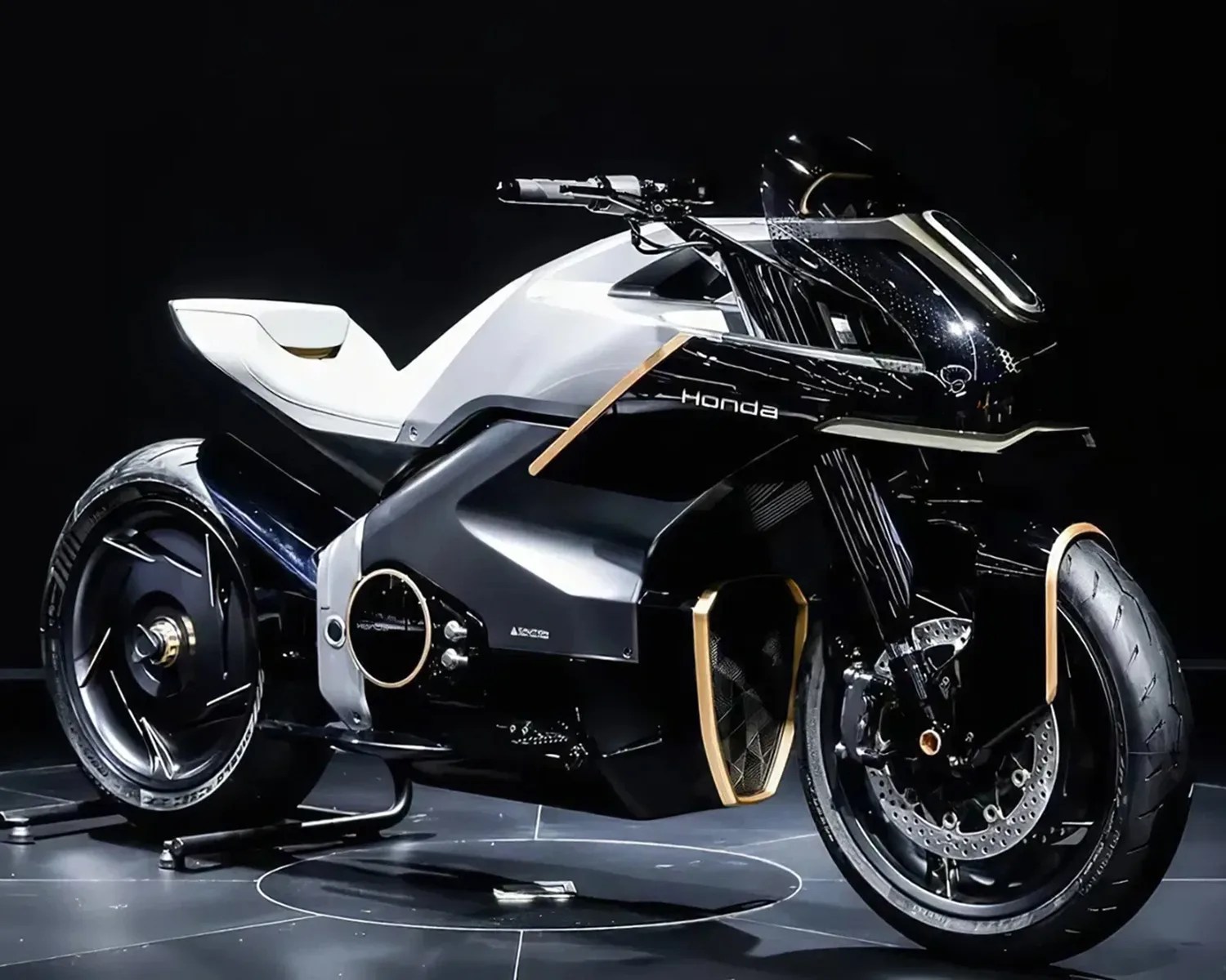 Black and white Honda electric motorcycle with gold accents on a display stand.
