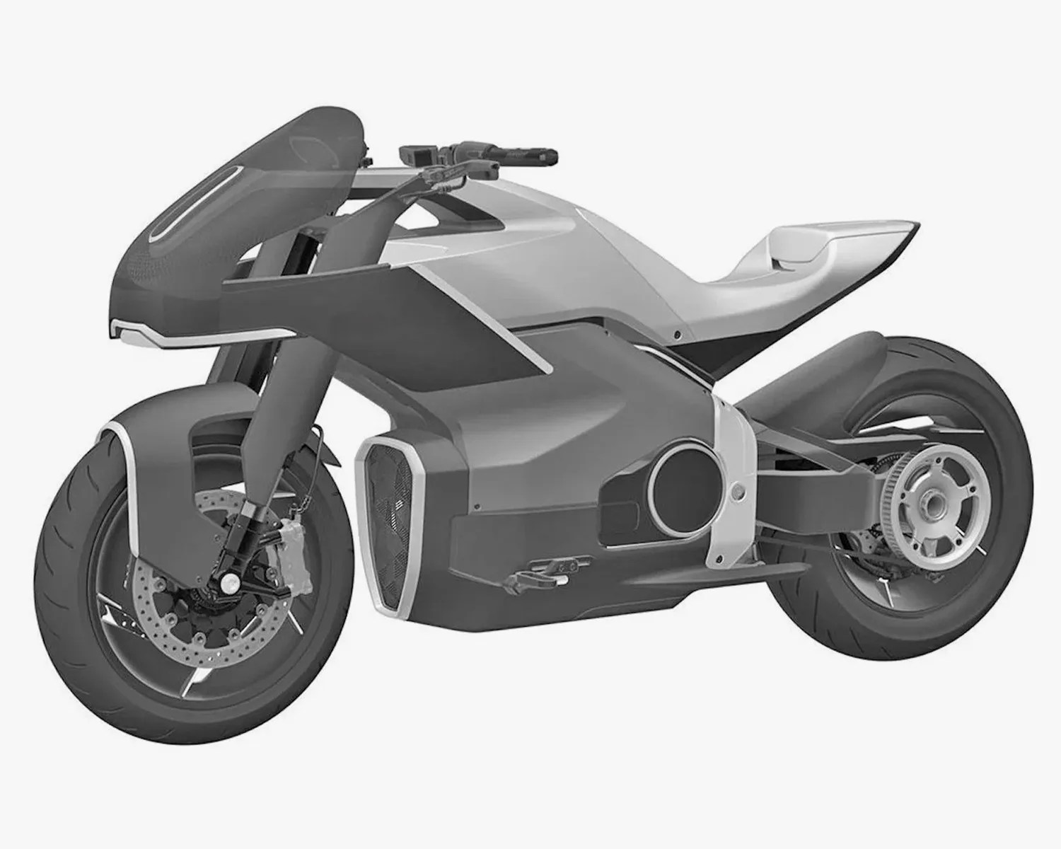 Sleek, futuristic electric motorcycle with aerodynamic body, large front windshield, and thick tires.