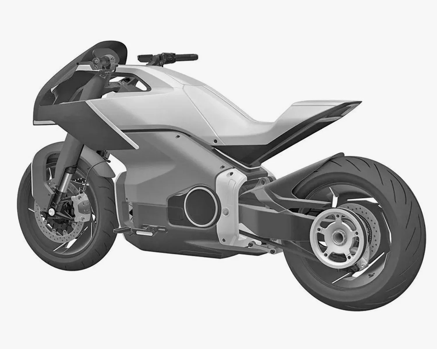Sleek white and black futuristic electric motorcycle with aerodynamic fairing and large rear tire.