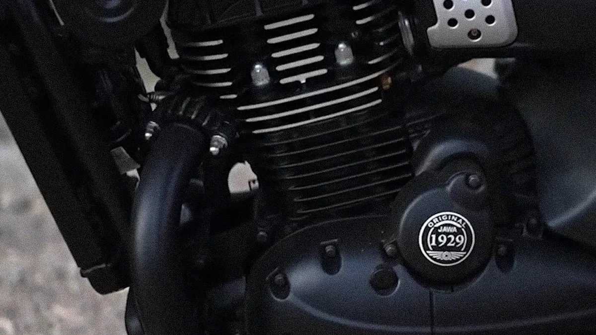 Close-up of a black motorcycle engine with a round emblem reading "Original Jawa 1929.
