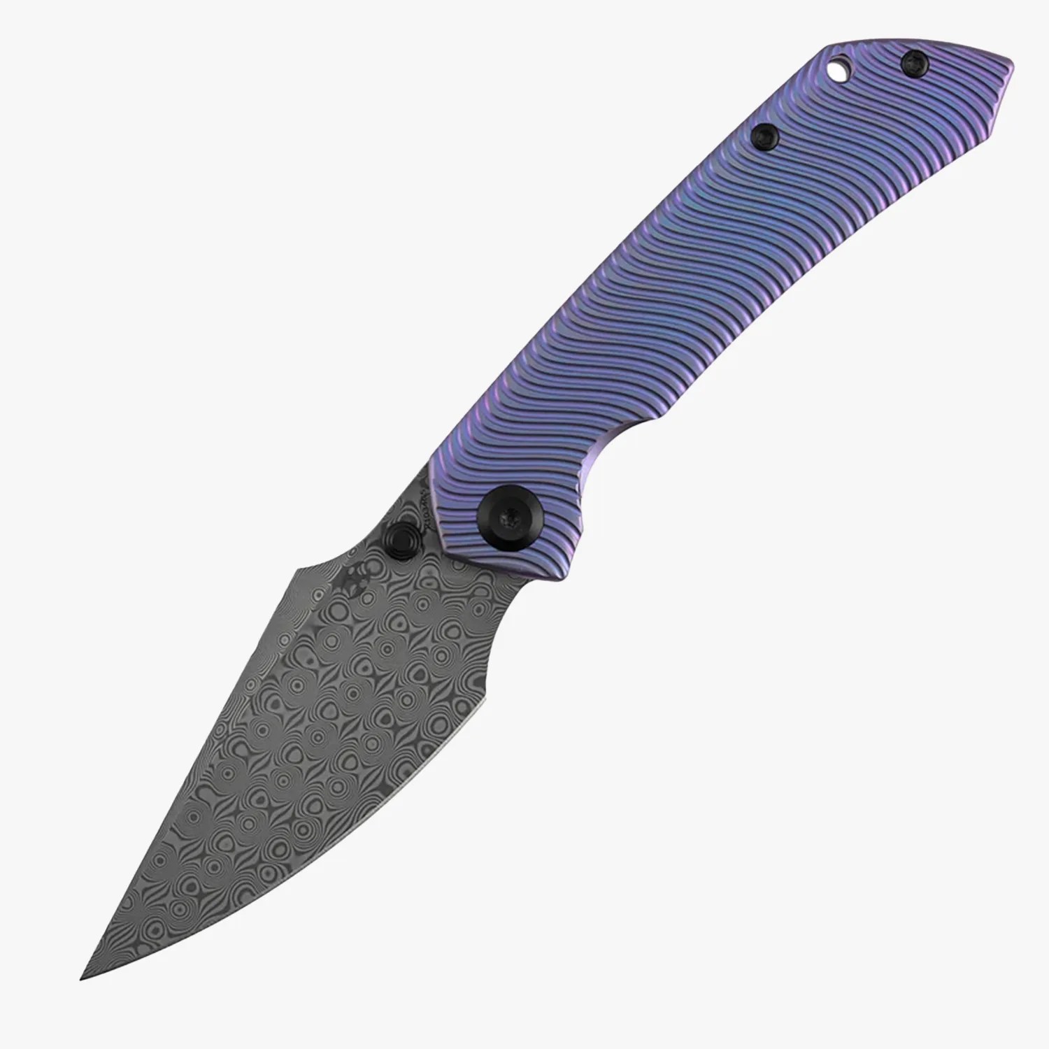 Folding knife with a patterned Damascus steel blade and a textured purple handle.
