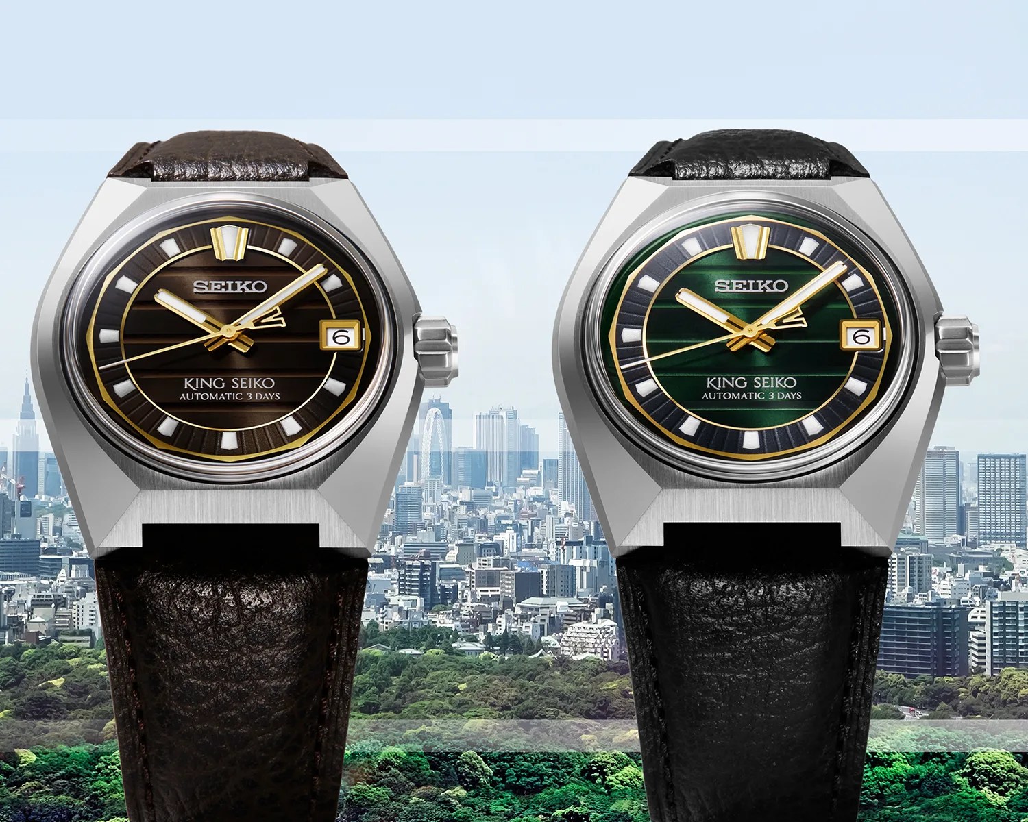 Two Seiko King Seiko watches with stainless steel cases, one with a brown dial and strap, the other with a green dial and black strap, against a cityscape background.
