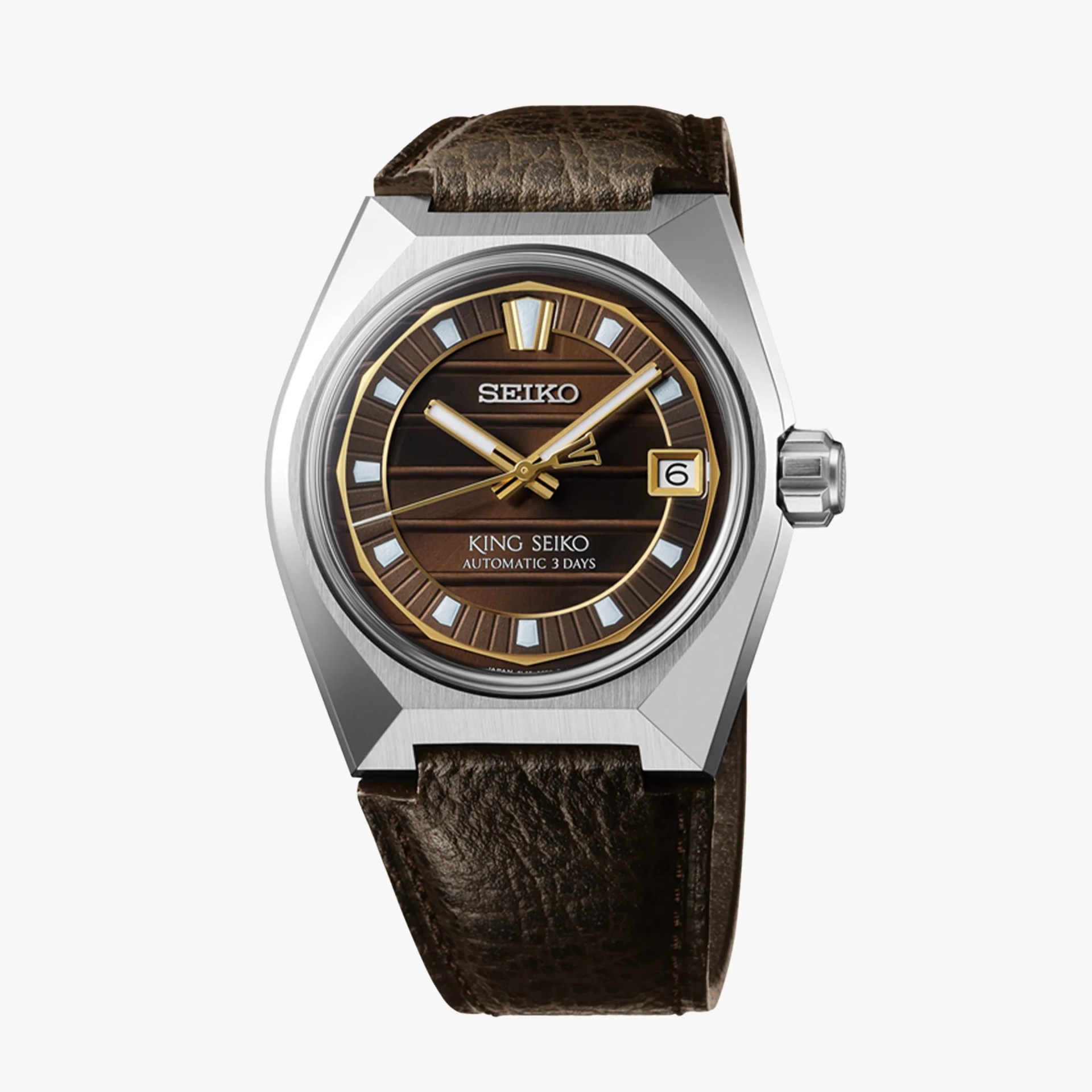 Silver angular Seiko wristwatch with brown textured leather strap and brown dial with gold accents.