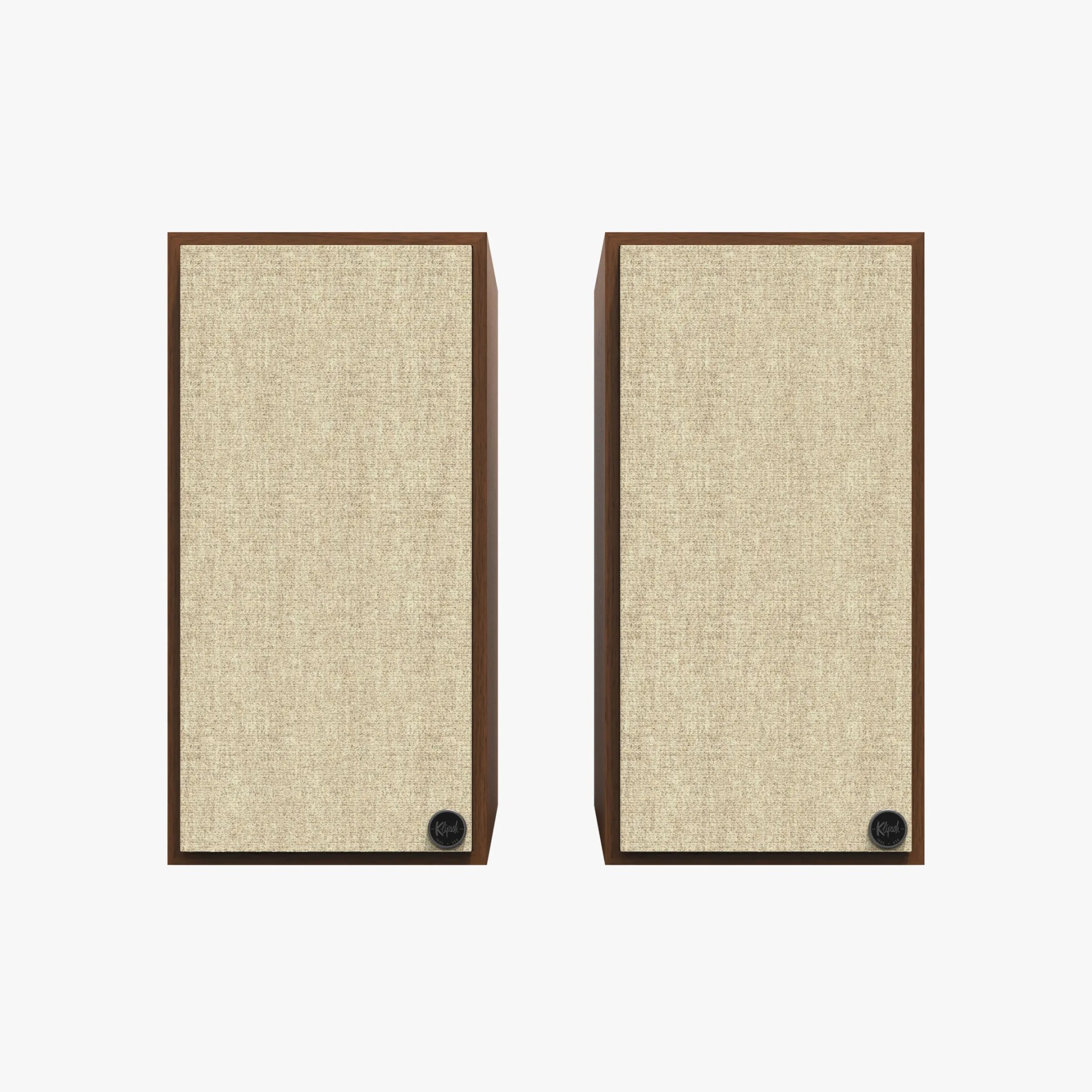 Pair of rectangular vintage-style speakers with beige fabric fronts and dark wood frames.