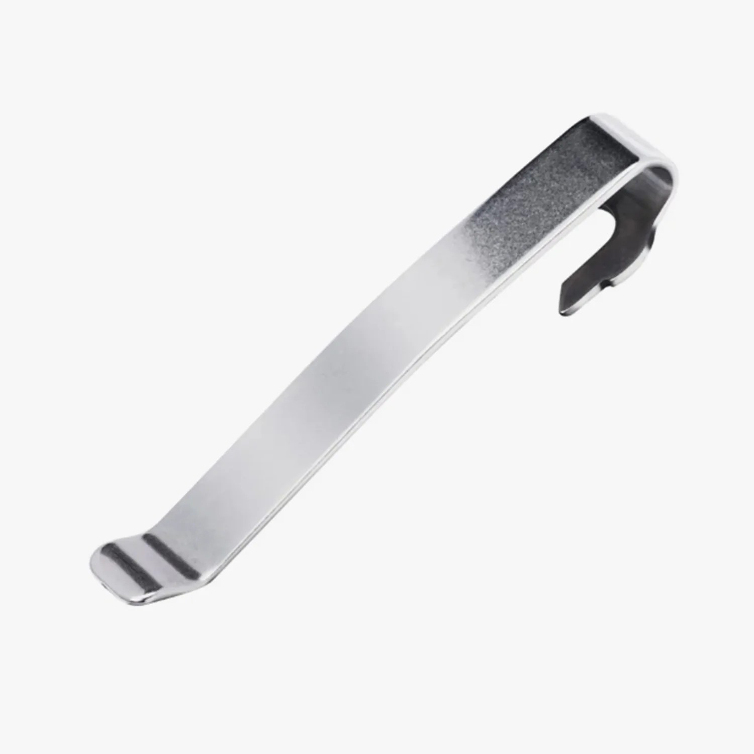 Silver metal tire lever with a curved hook on one end and a flat tip on the other.