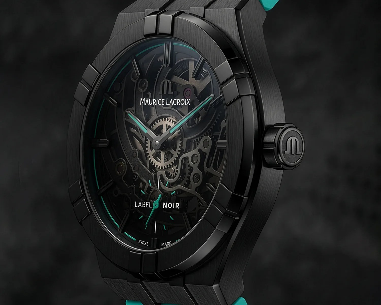 Black Maurice Lacroix wristwatch with visible gears and turquoise accents on the hands and markers.