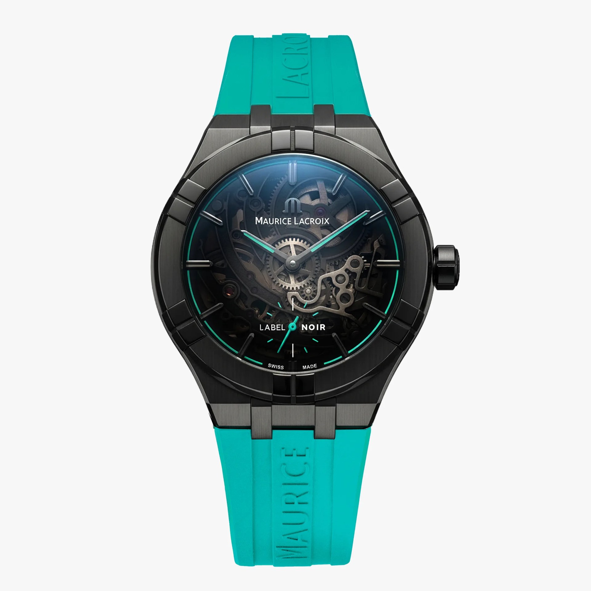 Black Maurice Lacroix wristwatch with visible gears and turquoise hands, paired with a turquoise rubber strap.
