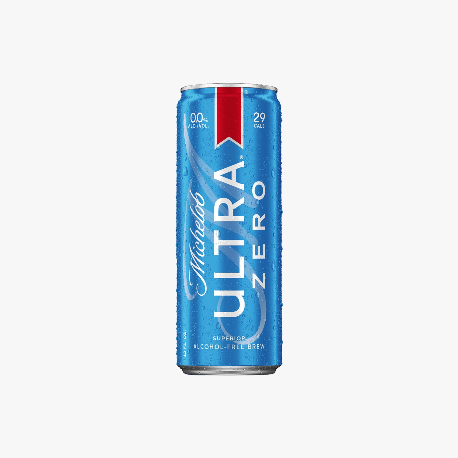 Blue Michelob Ultra Zero aluminum can with water droplets, labeled alcohol-free brew with 0.0% alcohol and 29 calories.