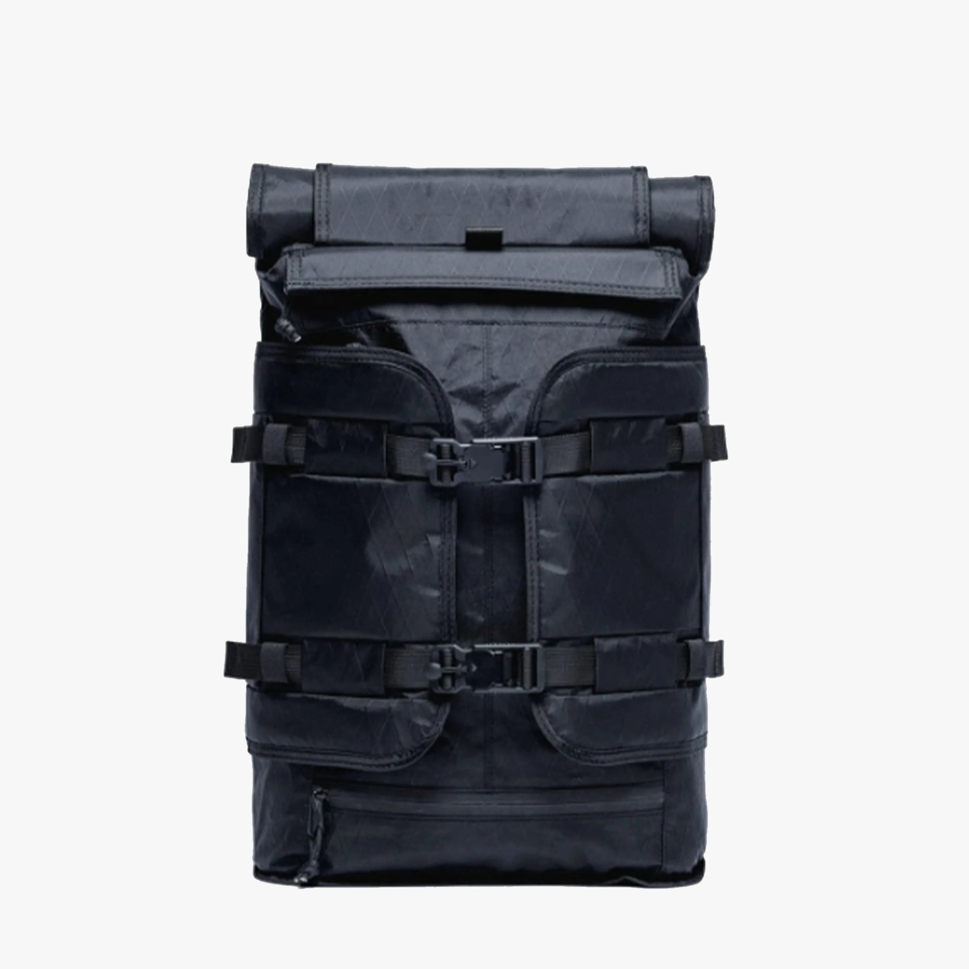 Black roll-top backpack with two front buckles and zippered bottom pocket.