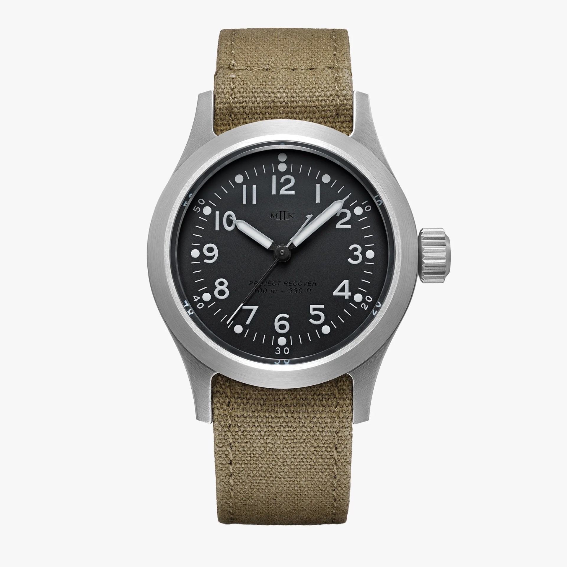 Watch with a black dial, white numerals, brushed silver case, and olive green fabric strap.