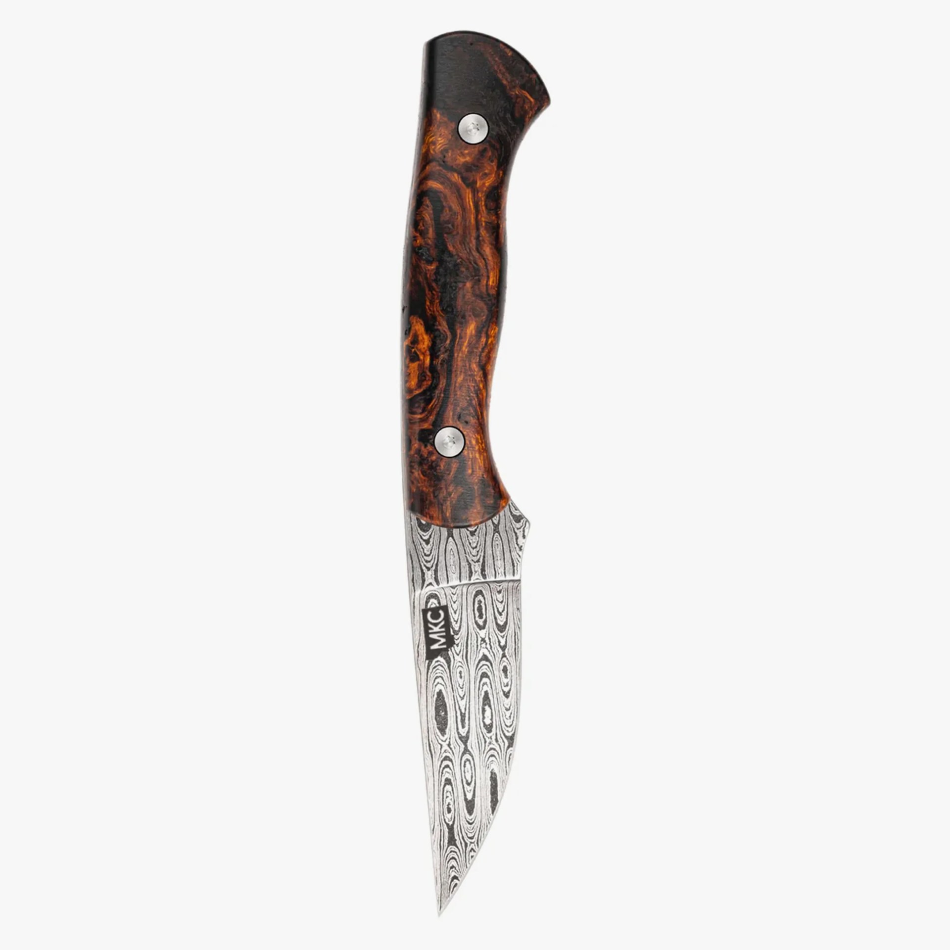 Knife with a patterned Damascus steel blade and a polished dark wood handle secured by two metal rivets.