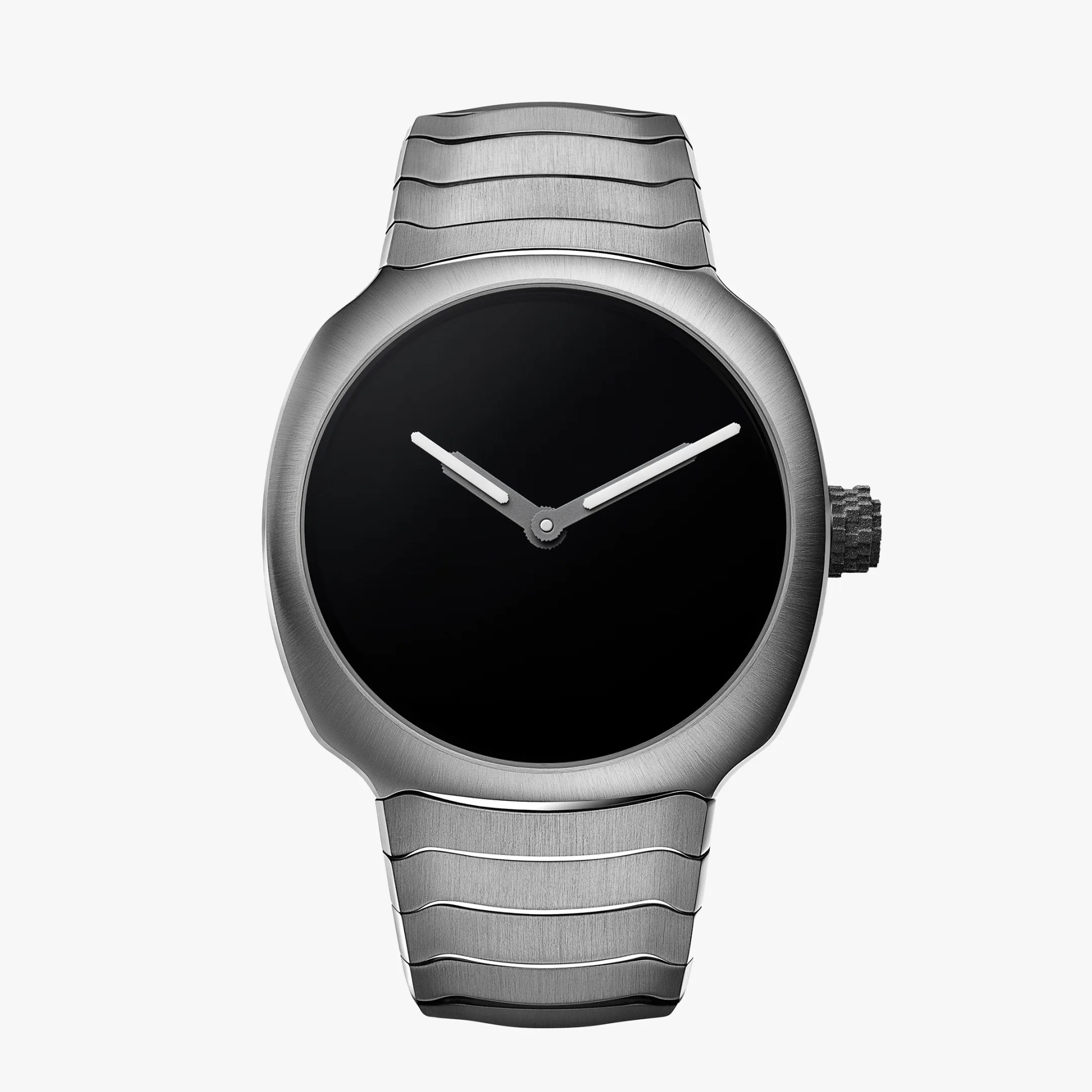 Silver metal wristwatch with a smooth black dial and white hour and minute hands.