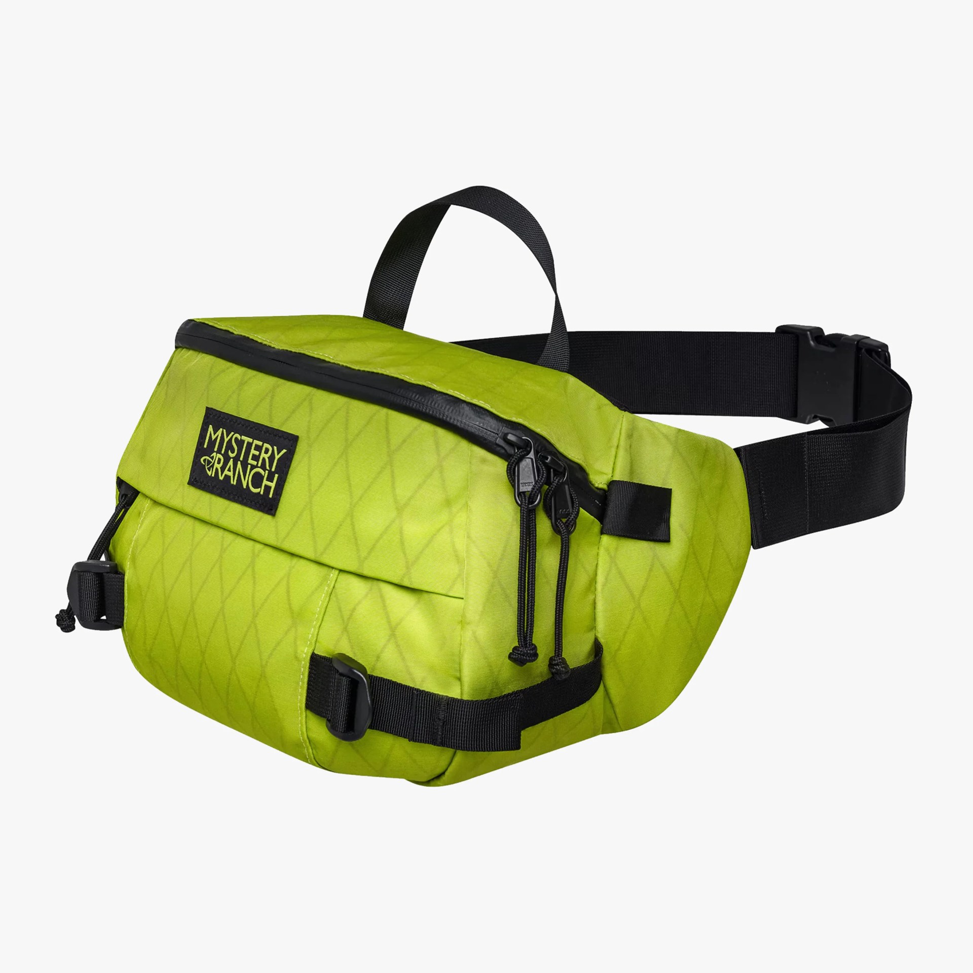 Bright green Mystery Ranch waist pack with black adjustable strap and zipper pulls.