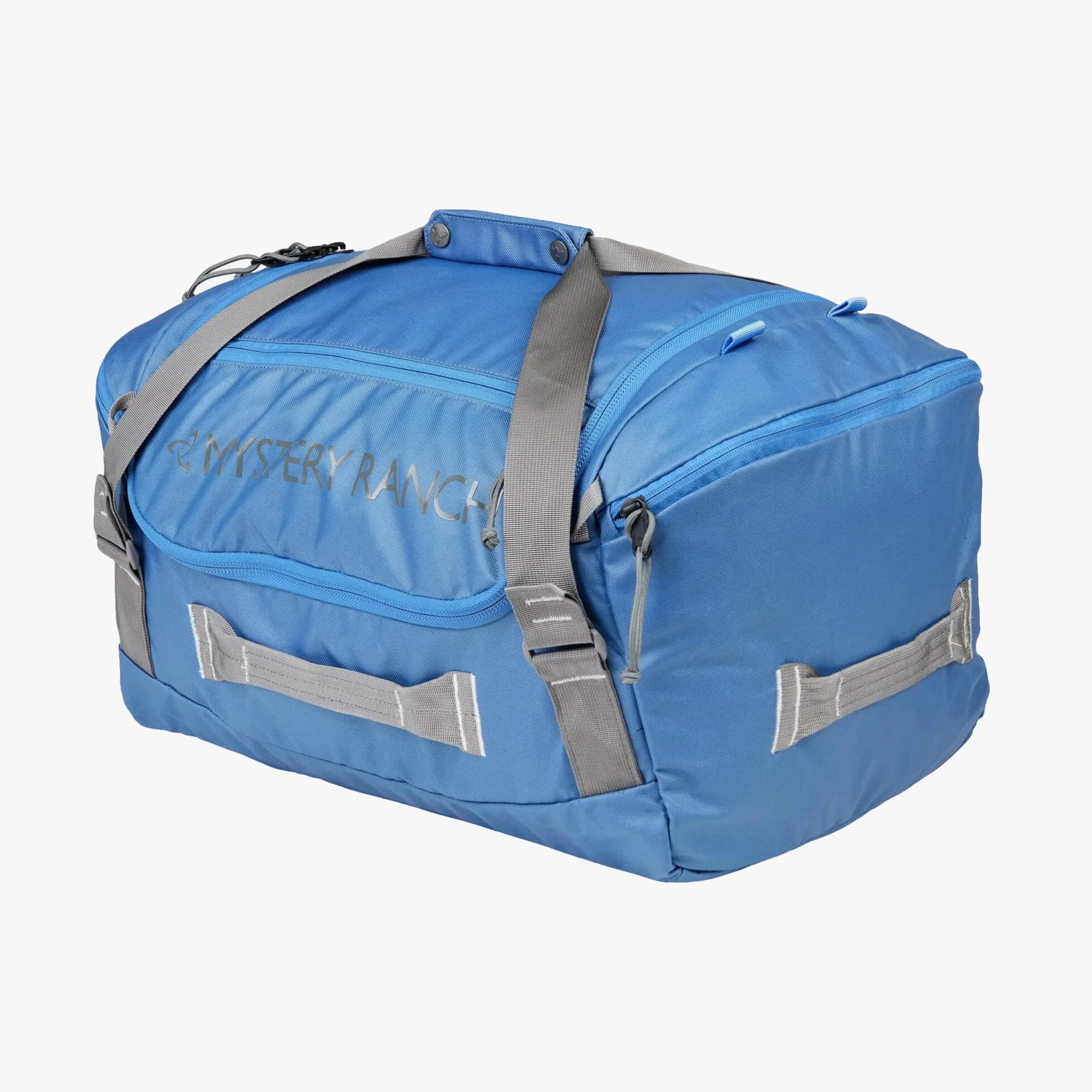 Blue Mystery Ranch duffel bag with gray straps and multiple handles.