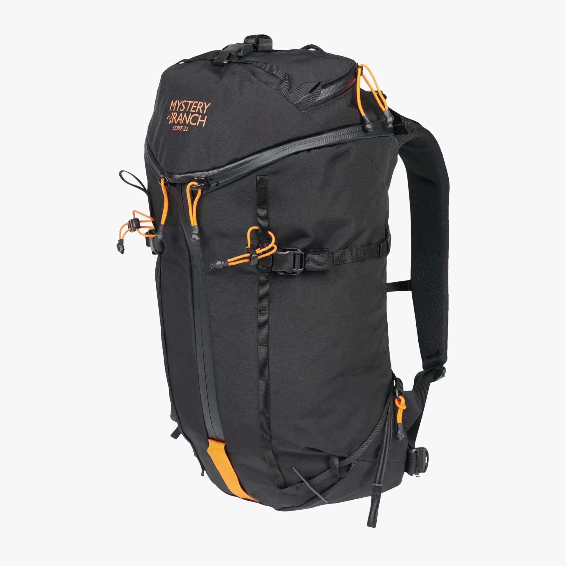 Black Mystery Ranch Scree 22 backpack with orange zipper pulls and logo.