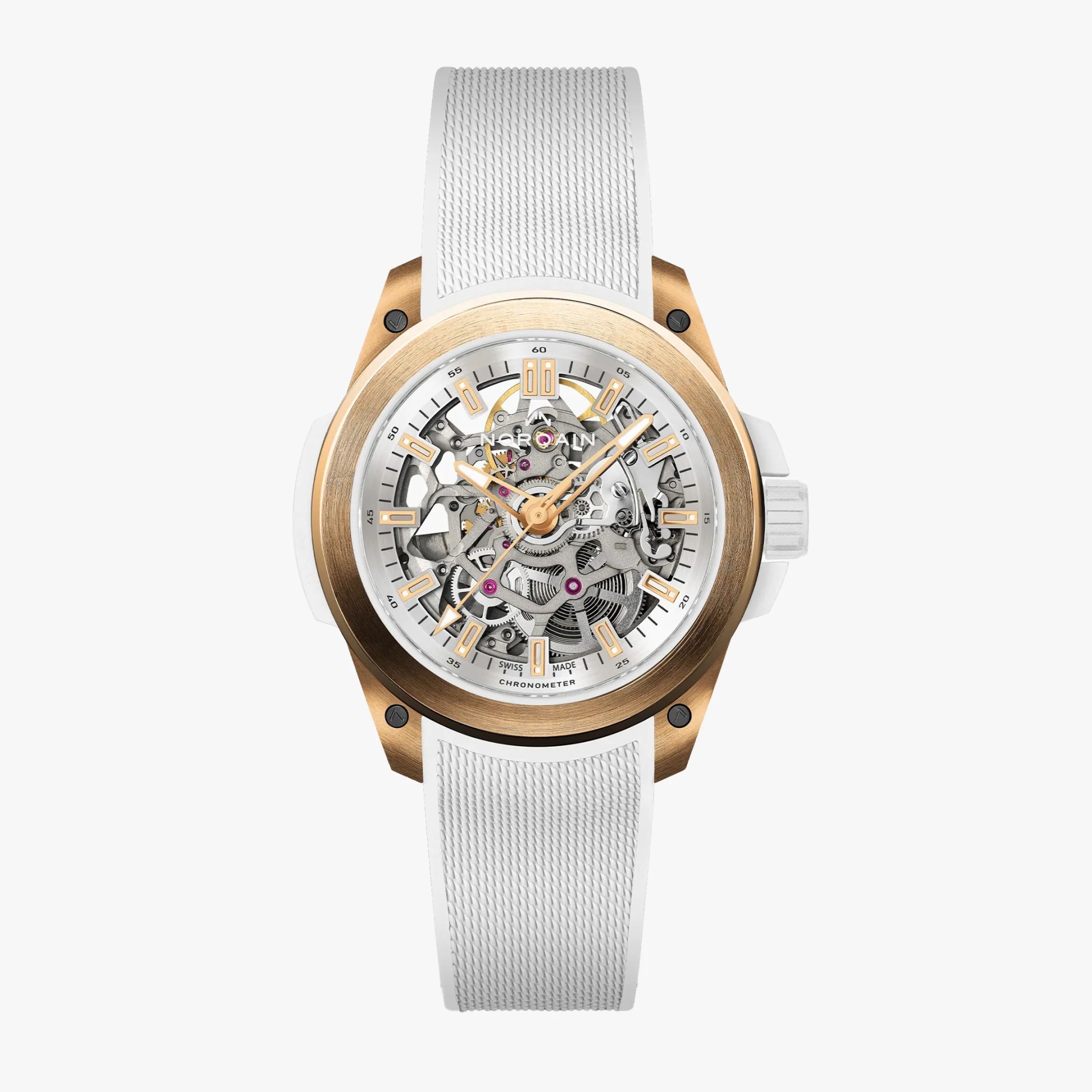 Skeleton dial wristwatch with rose gold bezel and white textured rubber strap.