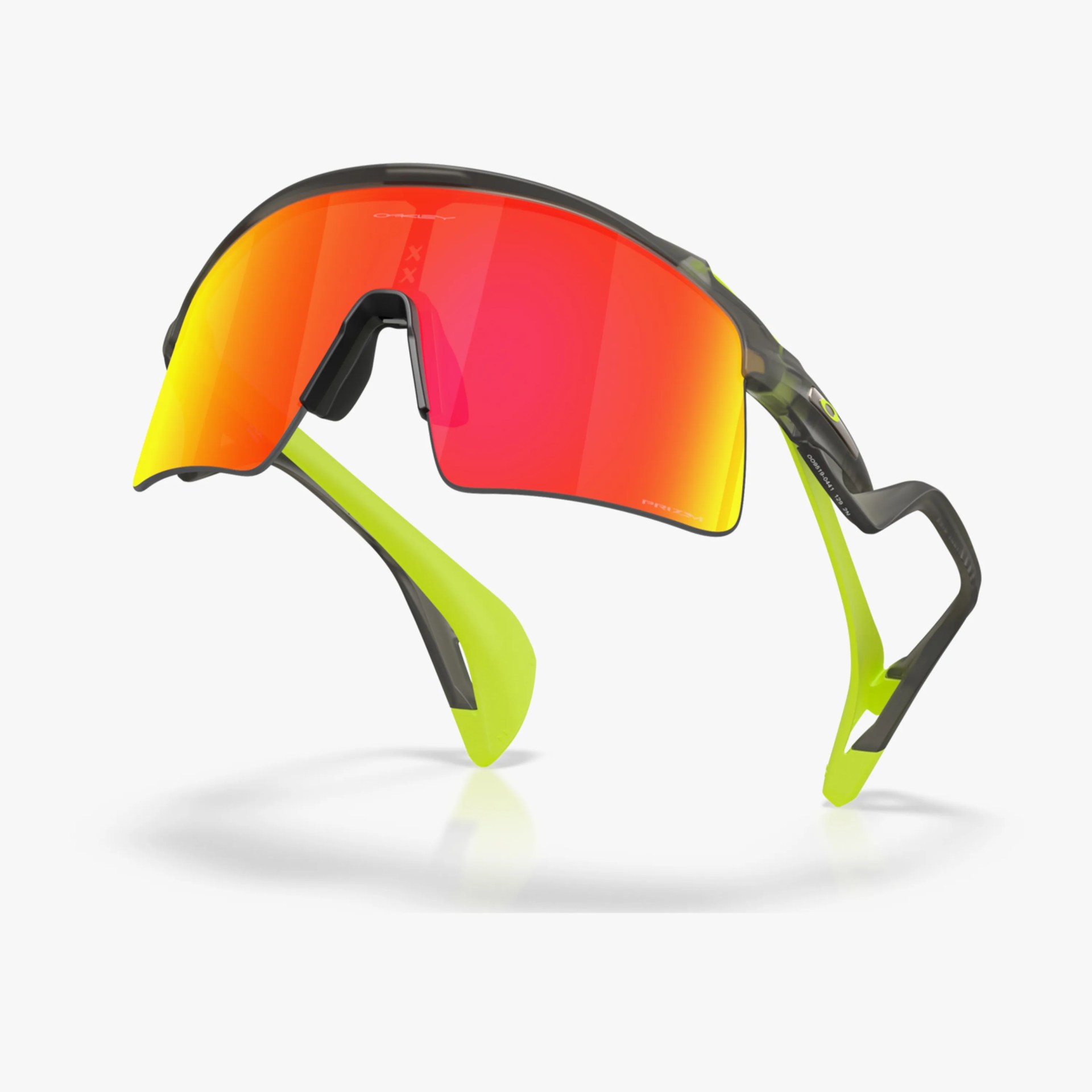 Sport sunglasses with a single red-orange mirrored lens and black and neon green frame.