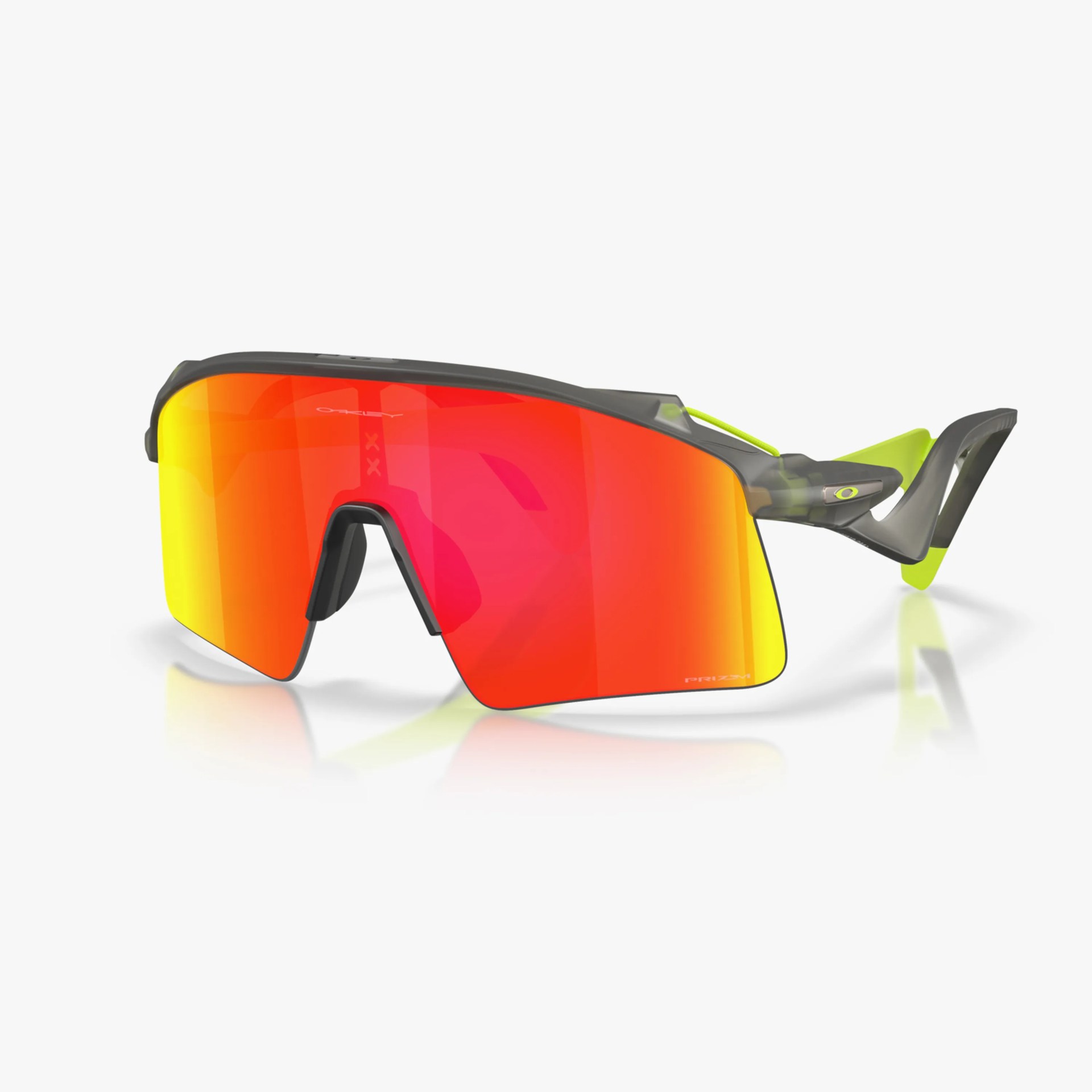 Sporty wraparound sunglasses with a single red-orange mirrored lens and translucent gray and neon yellow frame.
