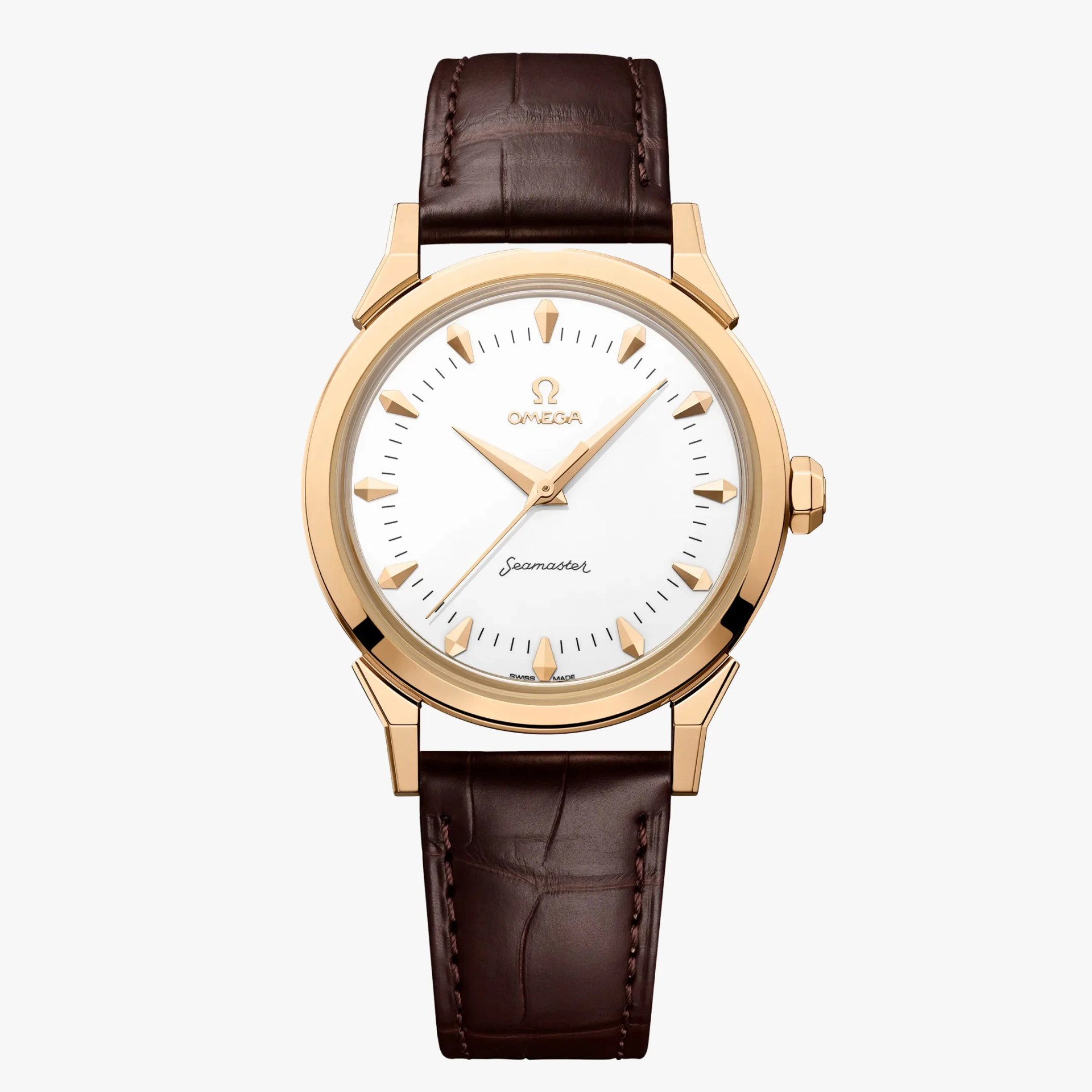 Omega Seamaster wristwatch with a white dial, gold case, and brown leather strap.