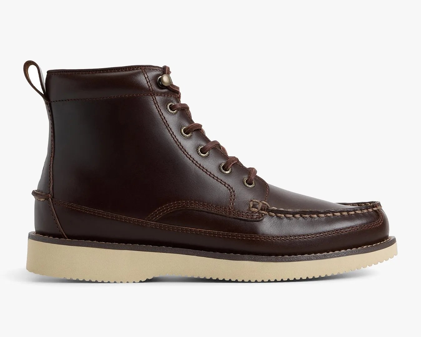 Dark brown leather moc toe boot with beige rubber sole and lace-up front.