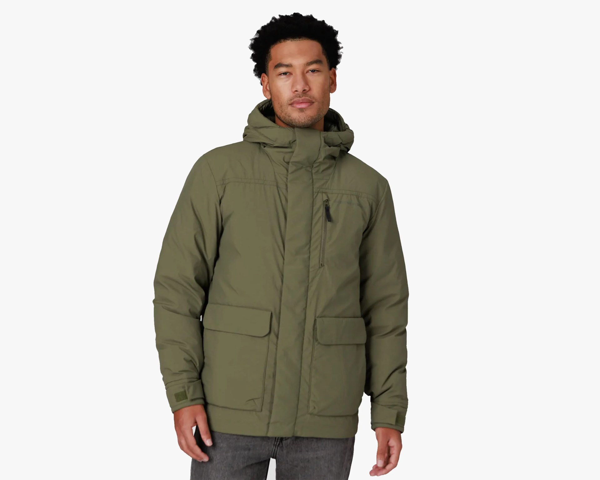 Olive-green insulated hooded jacket with front flap and zippered pockets worn by a person.