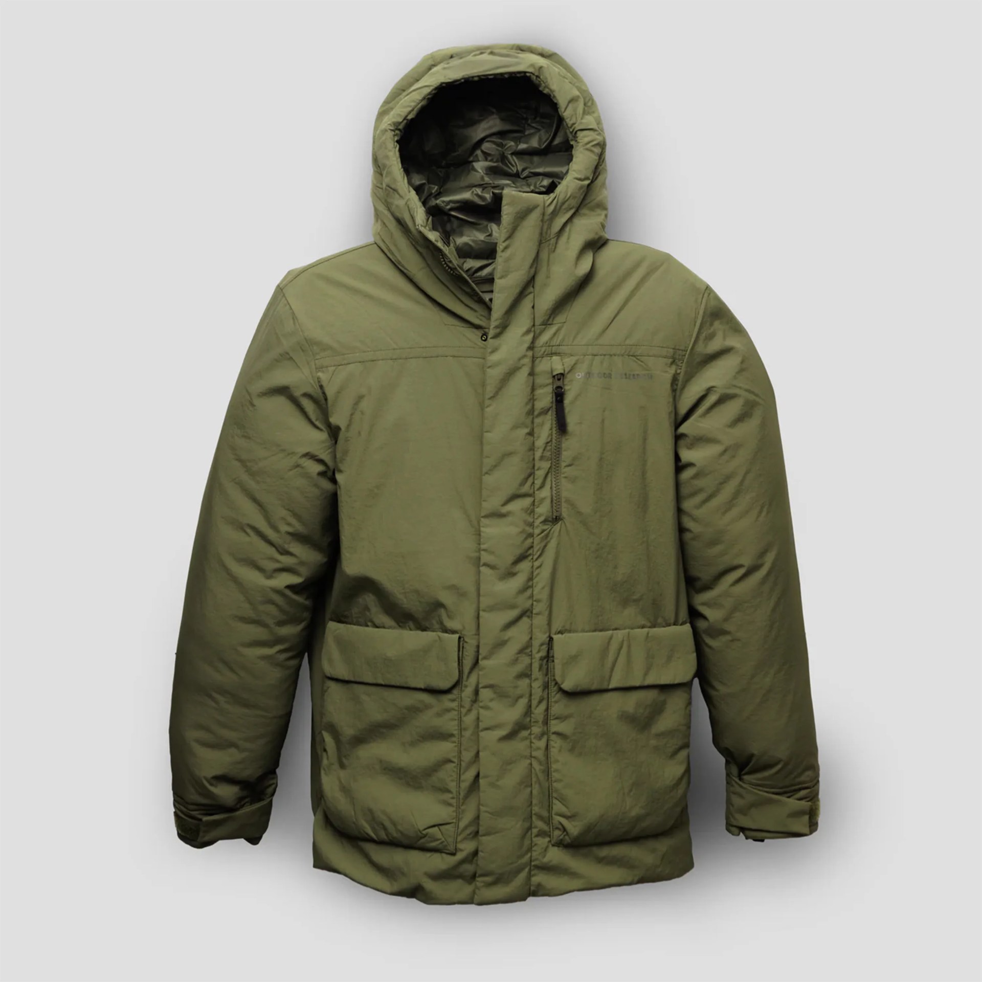 Olive green insulated hooded winter jacket with front flap and zippered pockets.