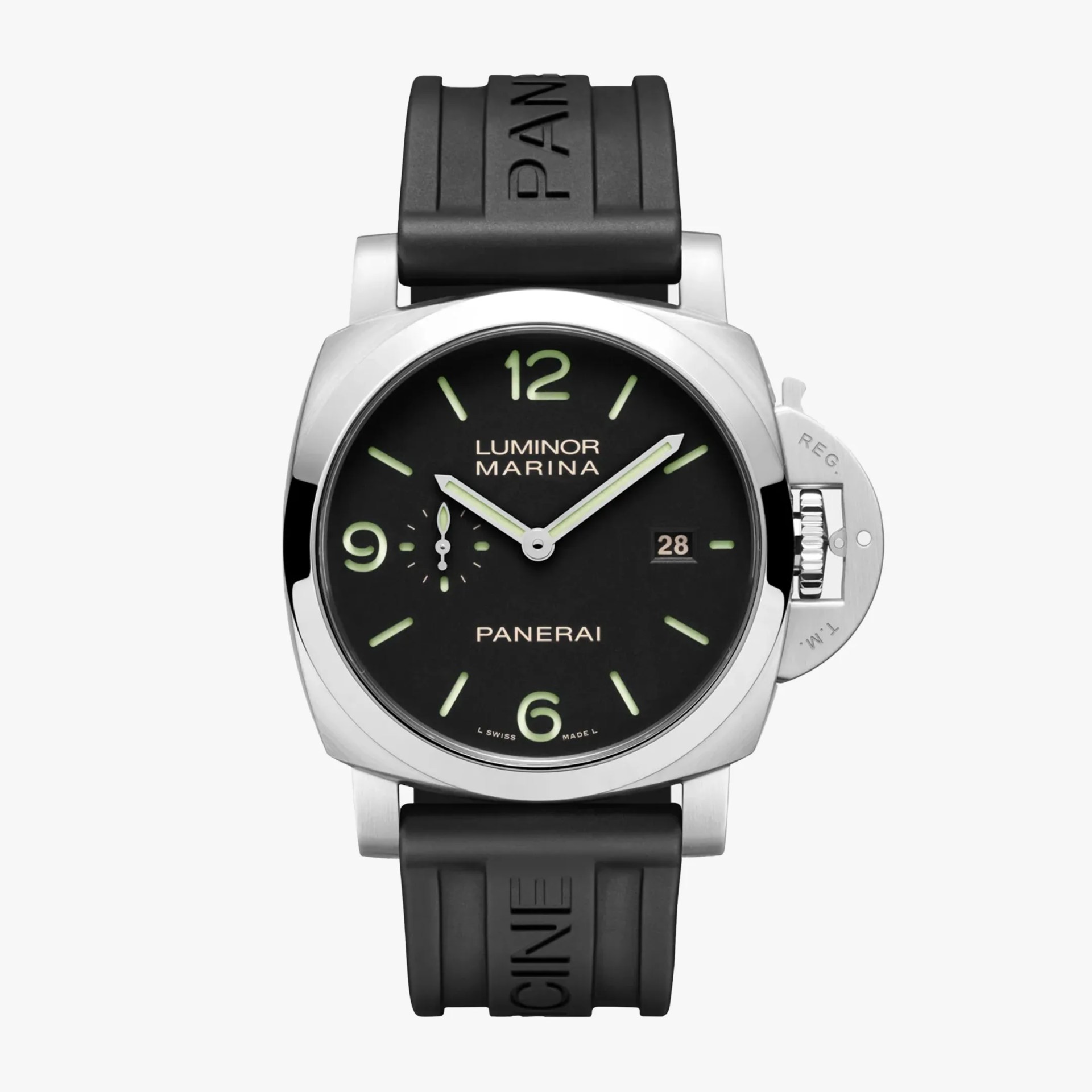 Panerai Luminor Marina wristwatch with black dial, luminous markers, date window, and black rubber strap.
