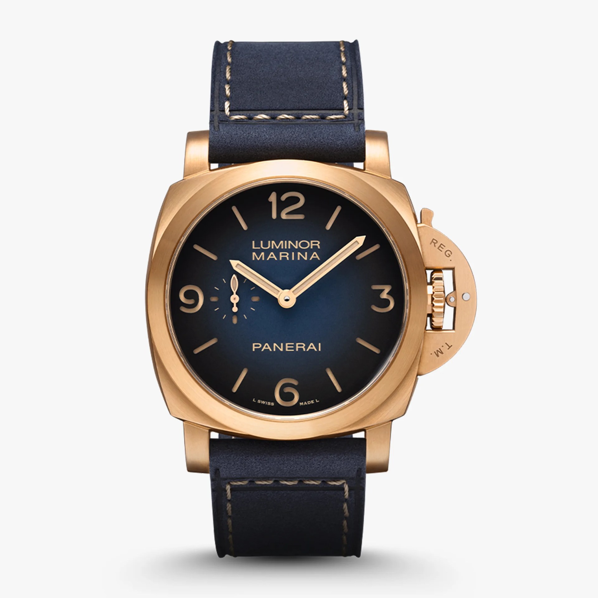 Panerai Luminor Marina watch with bronze case, blue dial, and navy leather strap with beige stitching.