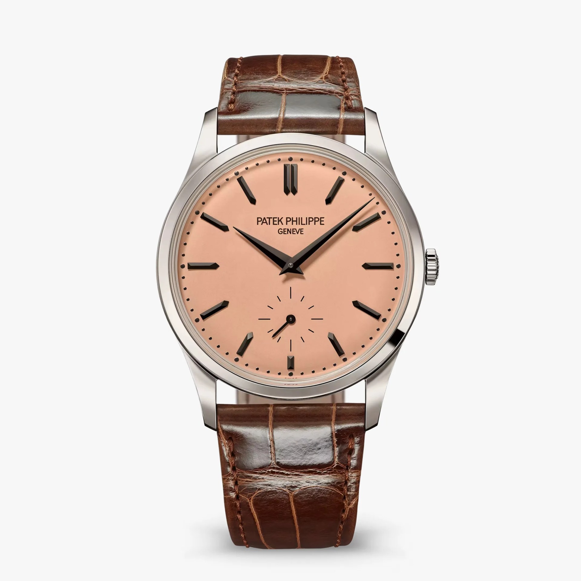 Silver Patek Philippe wristwatch with salmon dial, black hour markers, and brown leather strap.