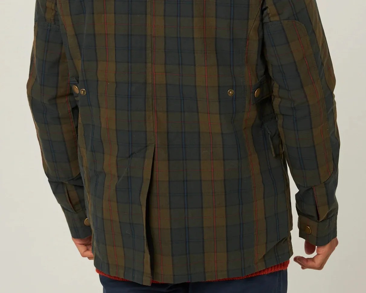Back view of a green and blue plaid jacket with red and brown stripes, featuring snap buttons on the cuffs and sides.
