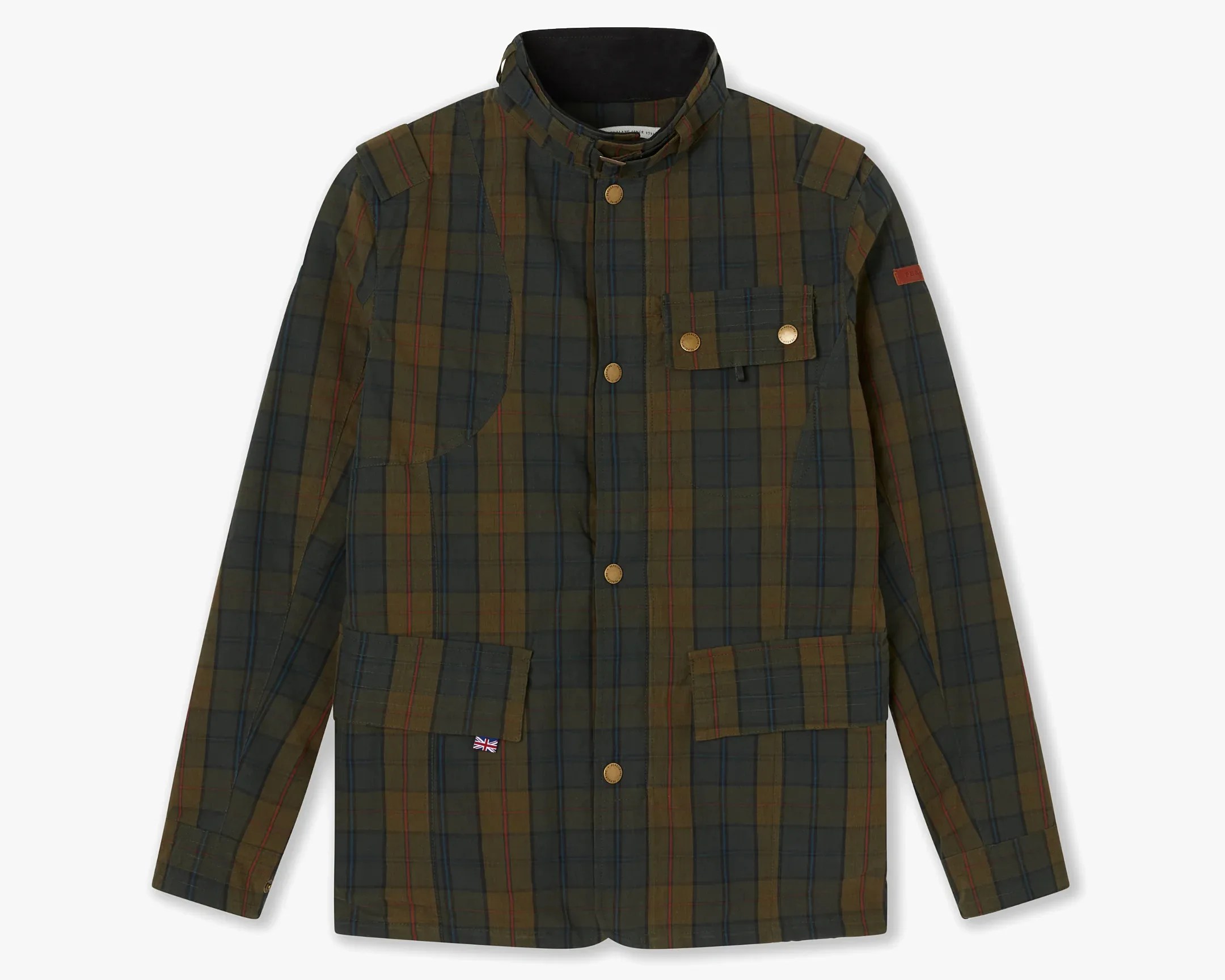 Olive green and navy plaid jacket with snap buttons and flap pockets.