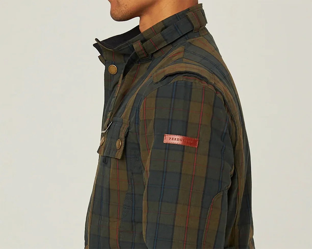 Olive green and navy plaid jacket with red stitching and a leather "Peregrine" patch on the sleeve.