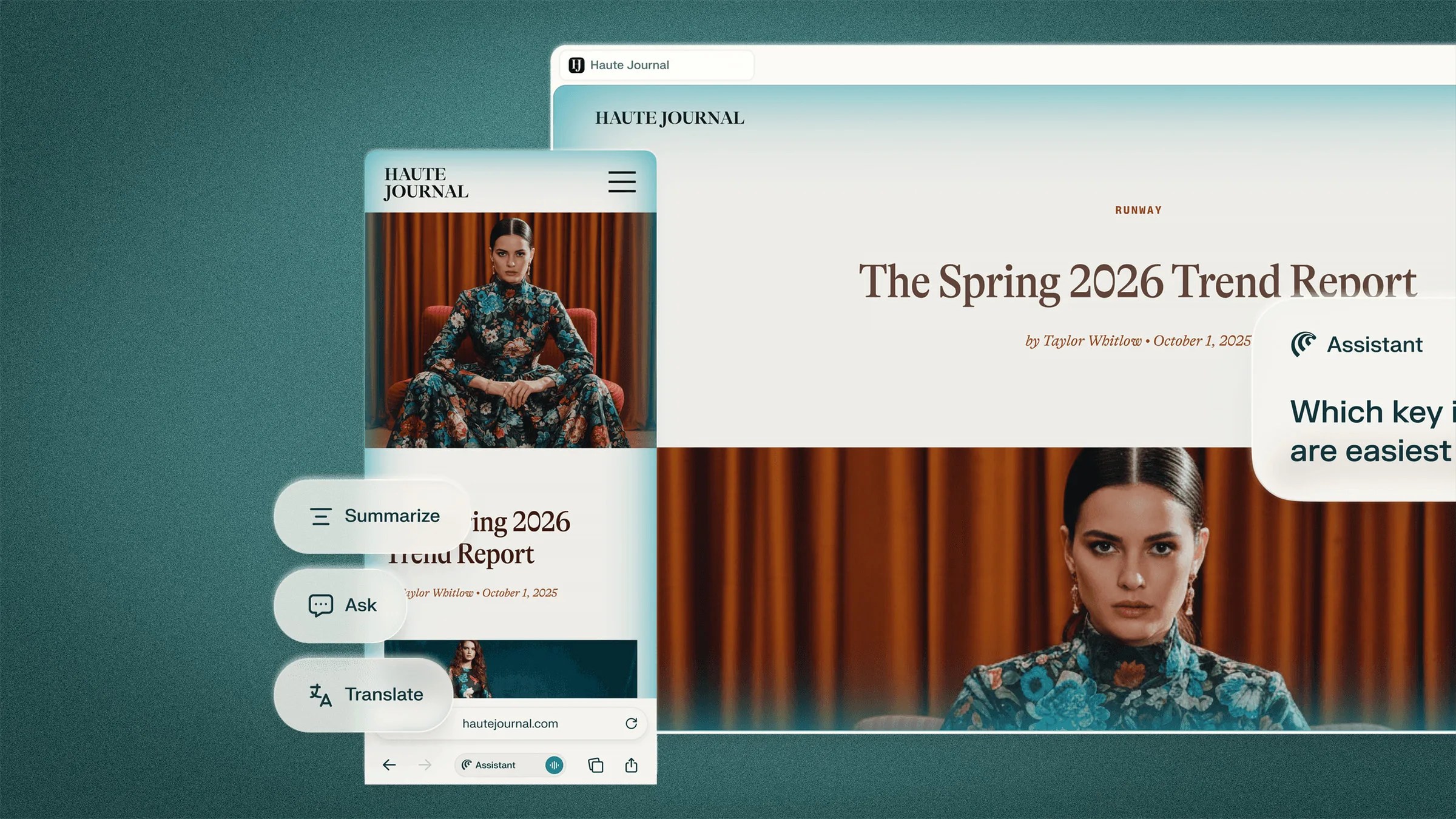 Website and mobile view of "Haute Journal" showing "The Spring 2026 Trend Report" article with a woman in a floral dress seated in front of orange curtains.