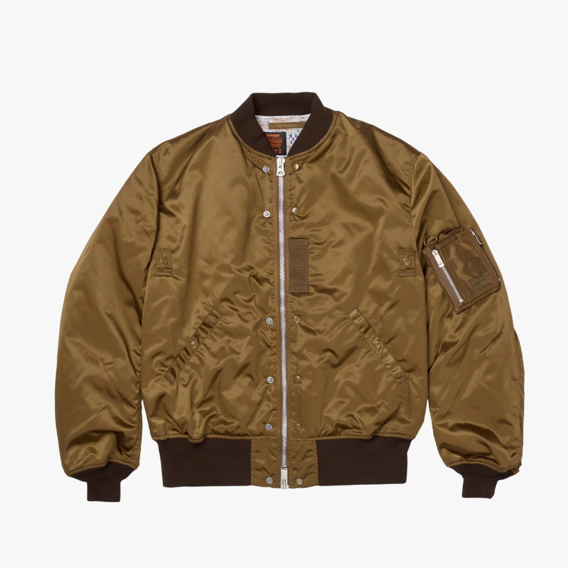 Brown satin bomber jacket with dark brown ribbed collar, cuffs, and hem, front zipper, and zippered pocket on the sleeve.