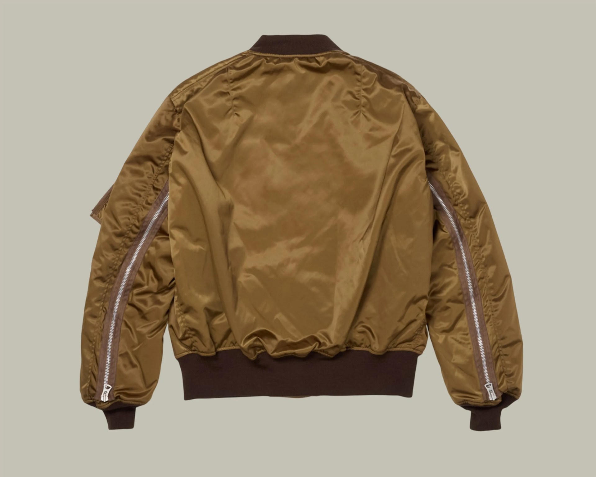 Brown satin bomber jacket with dark brown ribbed cuffs, collar, and hem, shown from the back.