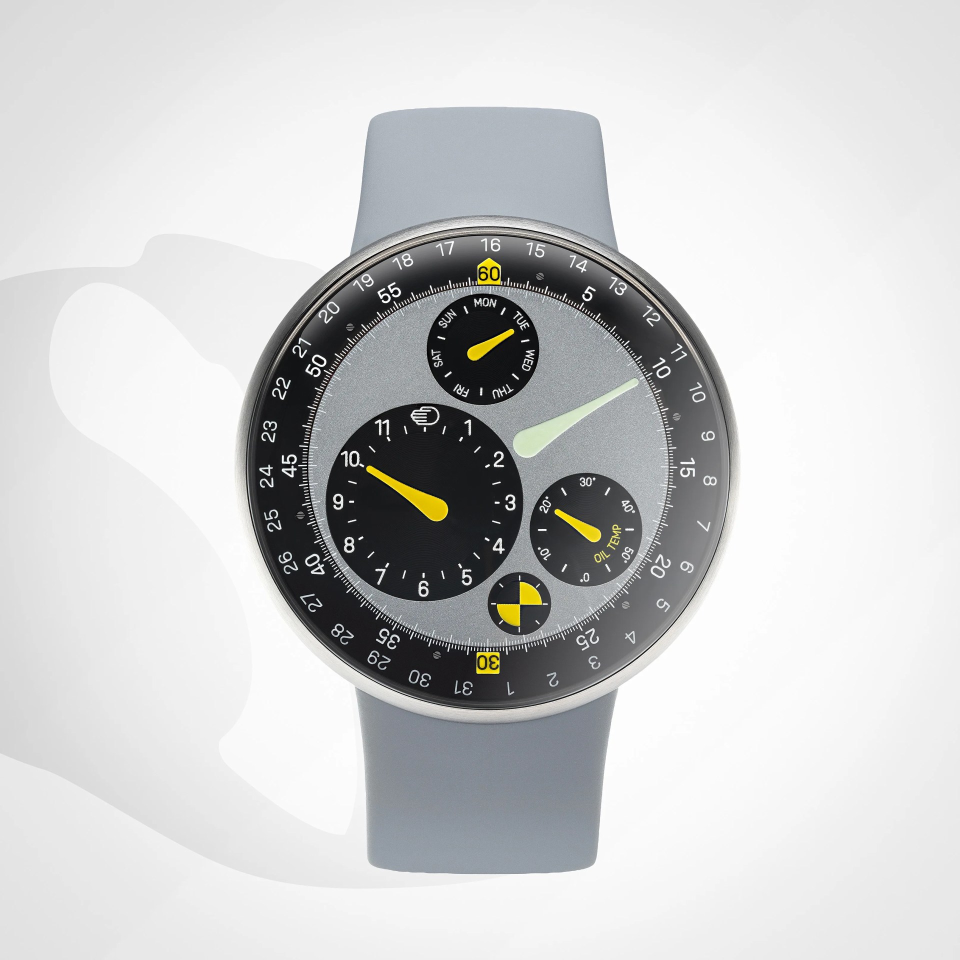 Round wristwatch with a gray strap and a multi-dial face featuring yellow and white hands and black and gray backgrounds.