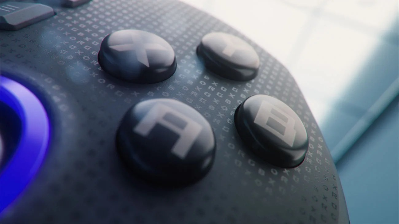 Close-up of black game controller buttons labeled X, Y, A, and B on a textured surface with blue light.