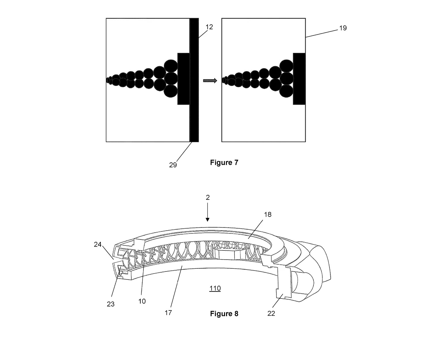 Figure 7 shows two diagrams of a cone-shaped array of black circles decreasing in size from right to left, with a black rectangular base, transitioning from one labeled 12 and 29 to another labeled 19. Figure 8 is a cross-sectional view of a curved mechanical component with internal lattice structure and labeled parts 2, 10, 17, 18, 22, 23, and 24.