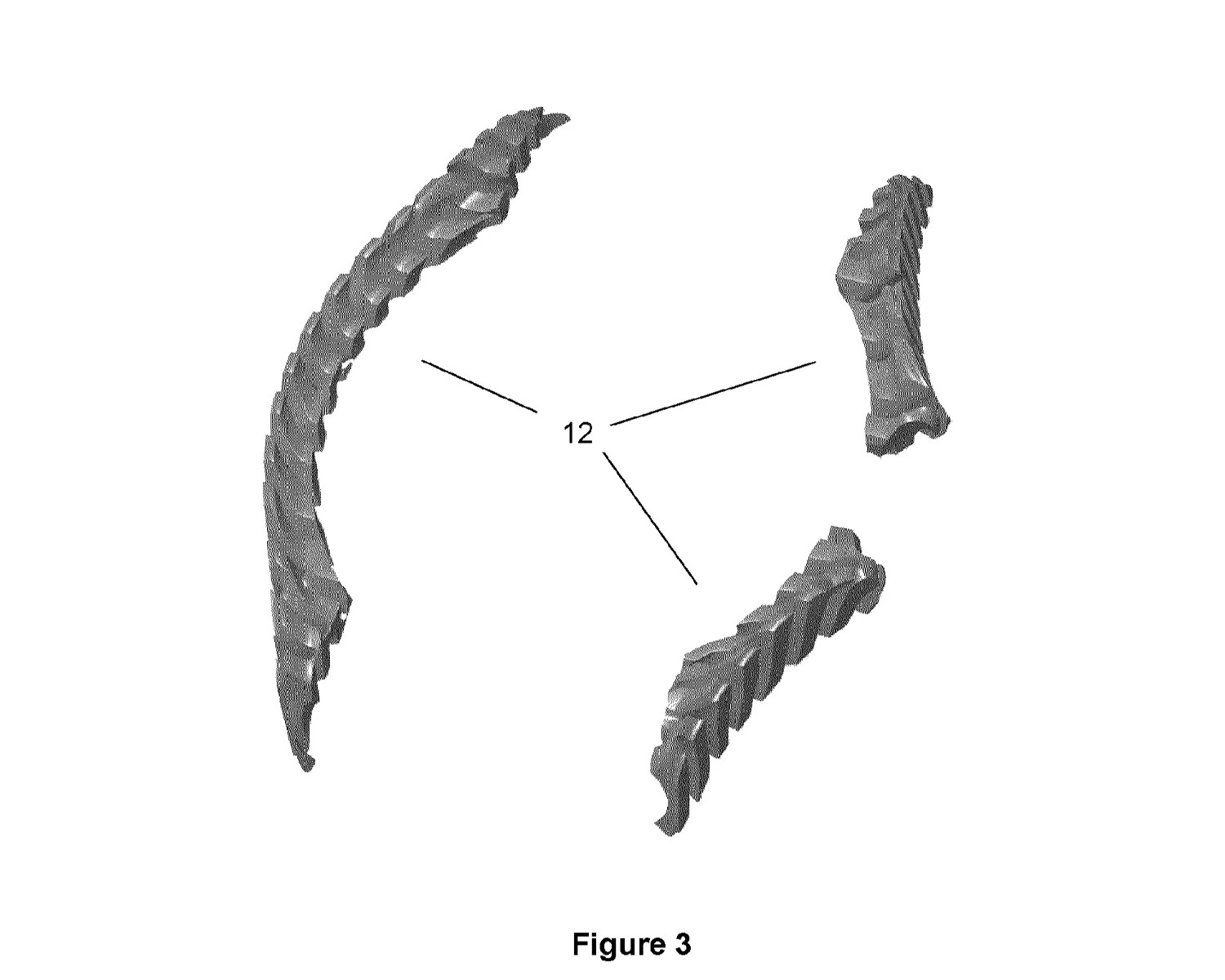 Three segmented, curved, textured objects arranged around the number 12 on a white background.