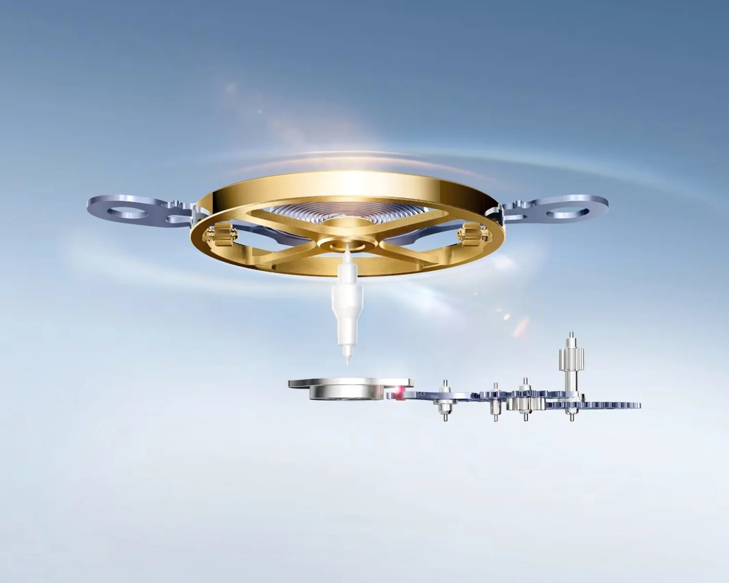 Gold and silver mechanical watch components floating against a blue gradient background.