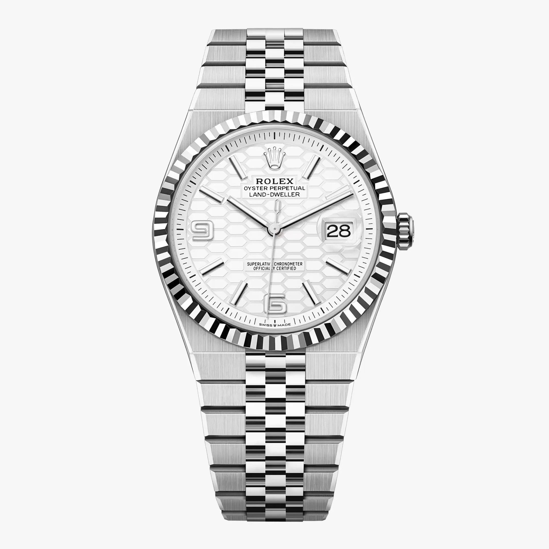 Silver Rolex Oyster Perpetual Land-Dweller watch with white textured dial and date display at 3 o'clock.