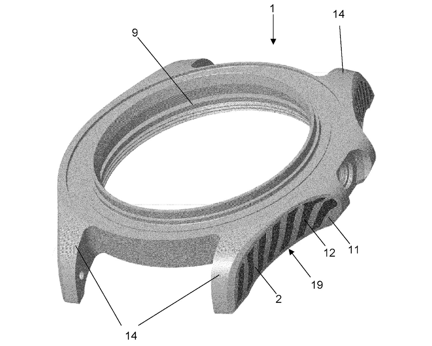 Watch case with labeled parts including bezel area (9), side grip (11), textured side panel (12), lugs (14), and vented section (19).