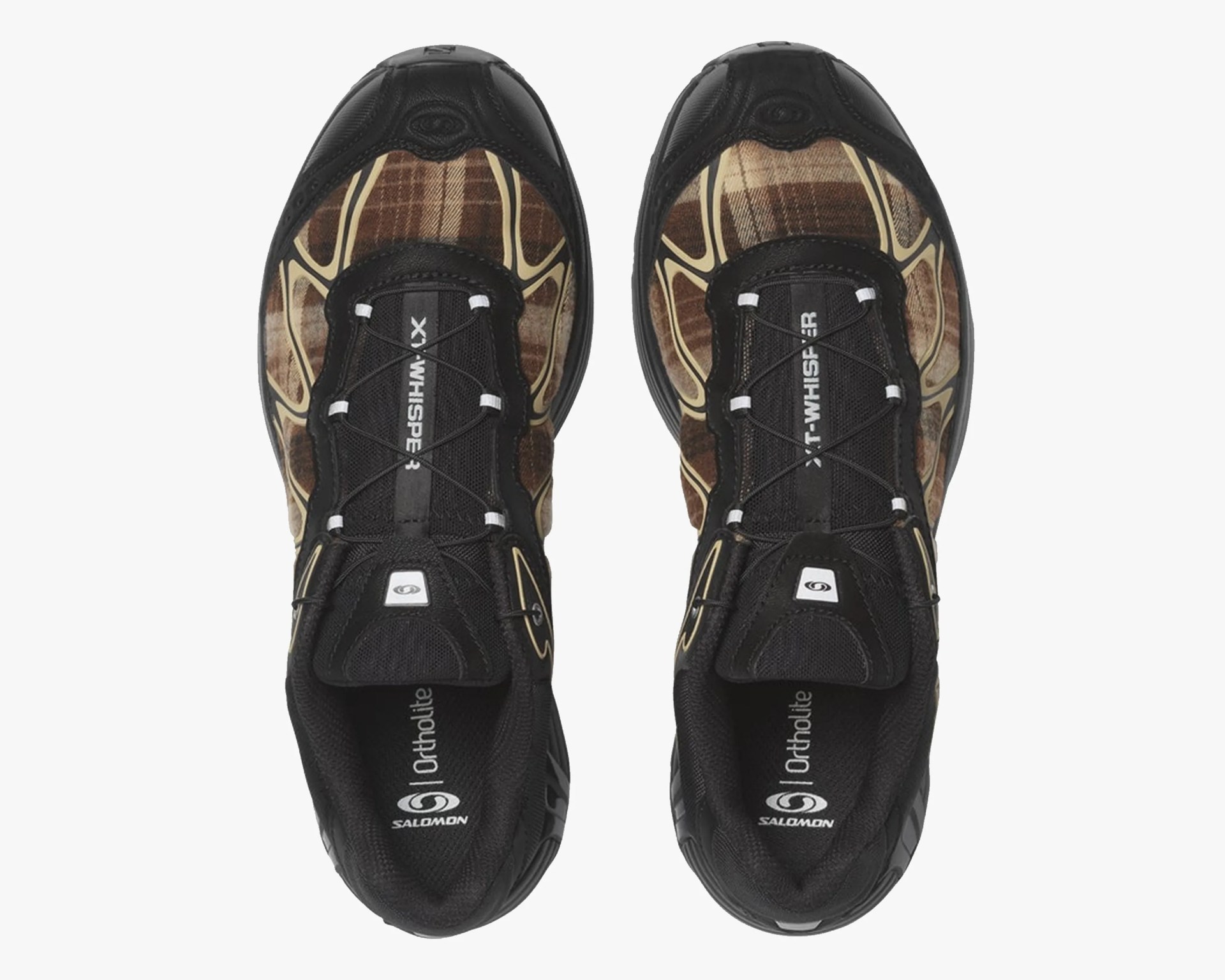 Pair of black and brown plaid Salomon XT-Whisper running shoes with black mesh and elastic laces, viewed from above.