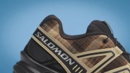 Close-up of a brown and black Salomon sneaker with beige accents against a blue background.