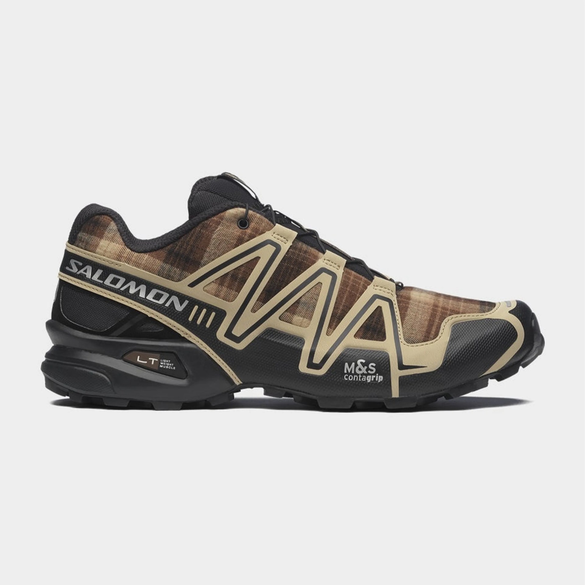 Brown and beige plaid Salomon trail running shoe with black sole and beige overlays.